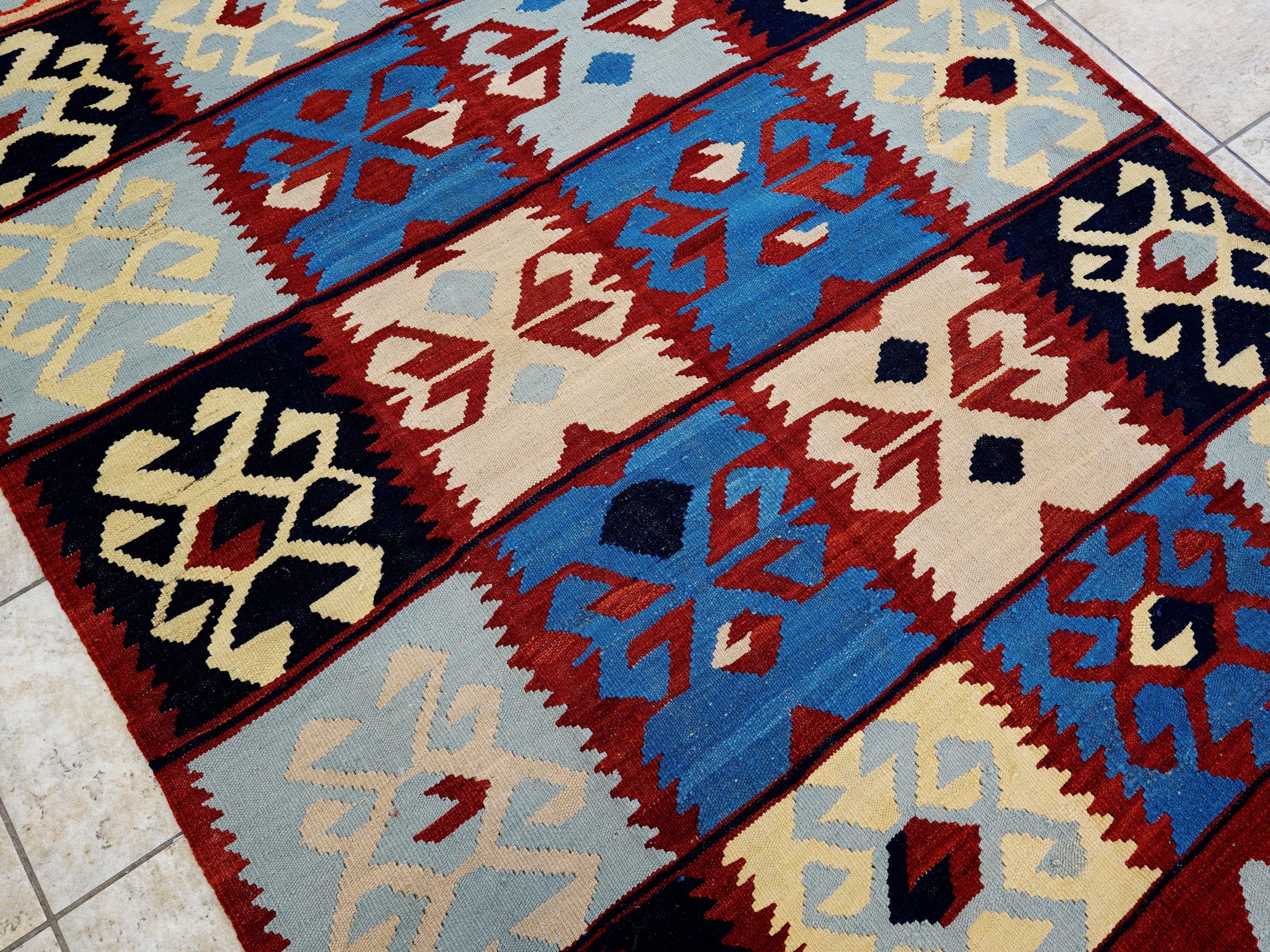 5x7 Ft Blue & Red Kilim Rug - Handwoven Afghan Flat Weave