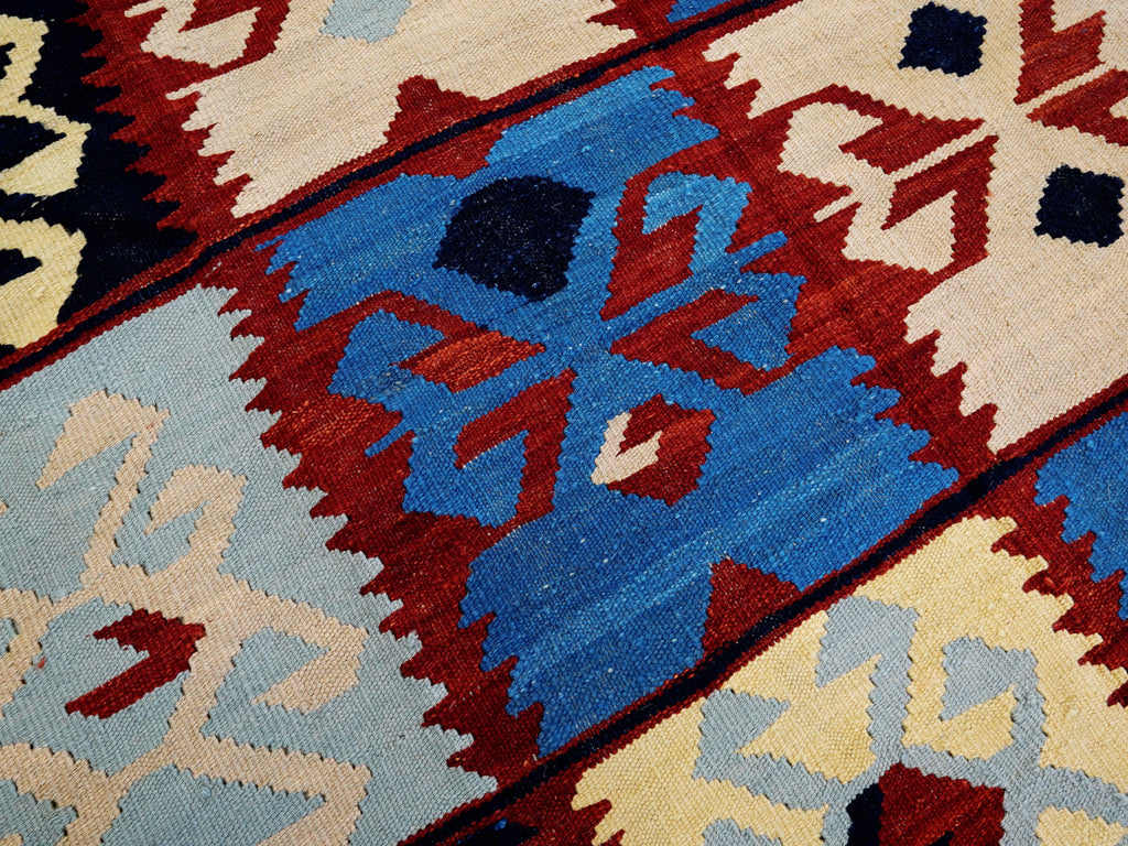 5x7 Ft Blue & Red Kilim Rug - Handwoven Afghan Flat Weave
