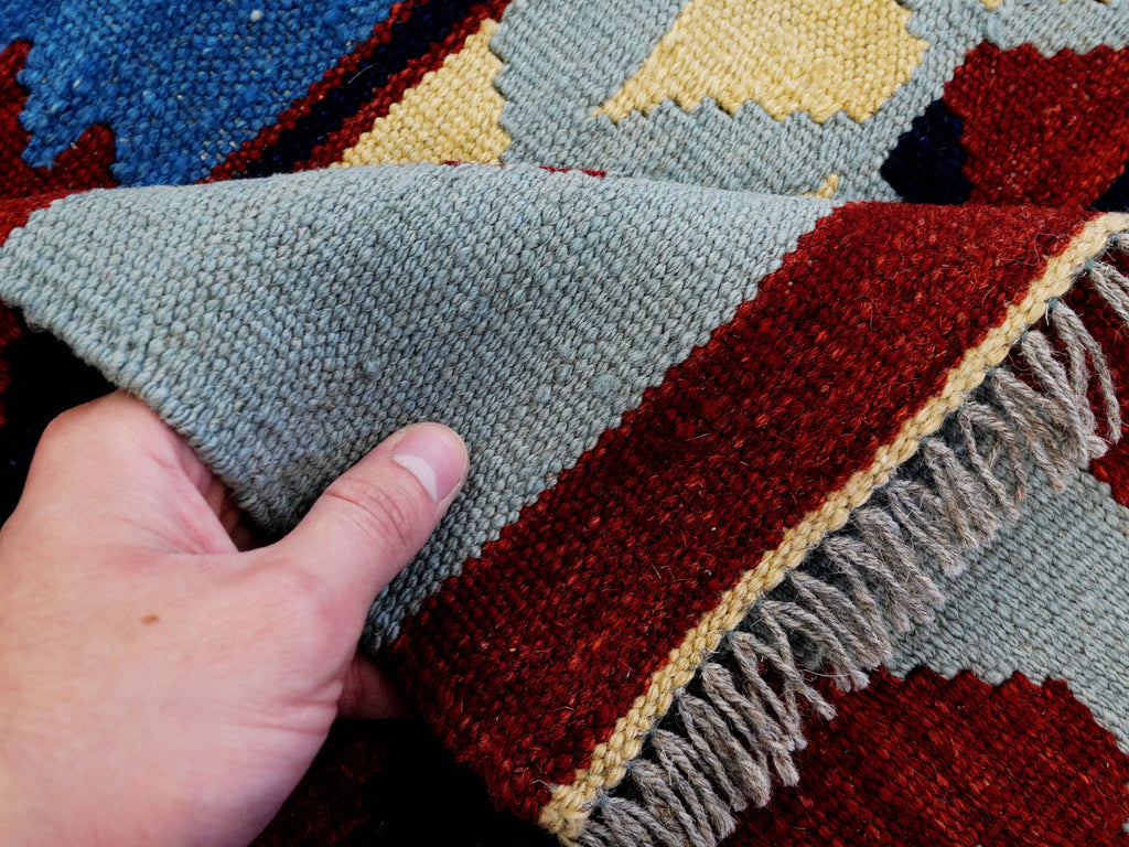 5x7 Ft Blue & Red Kilim Rug - Handwoven Afghan Flat Weave