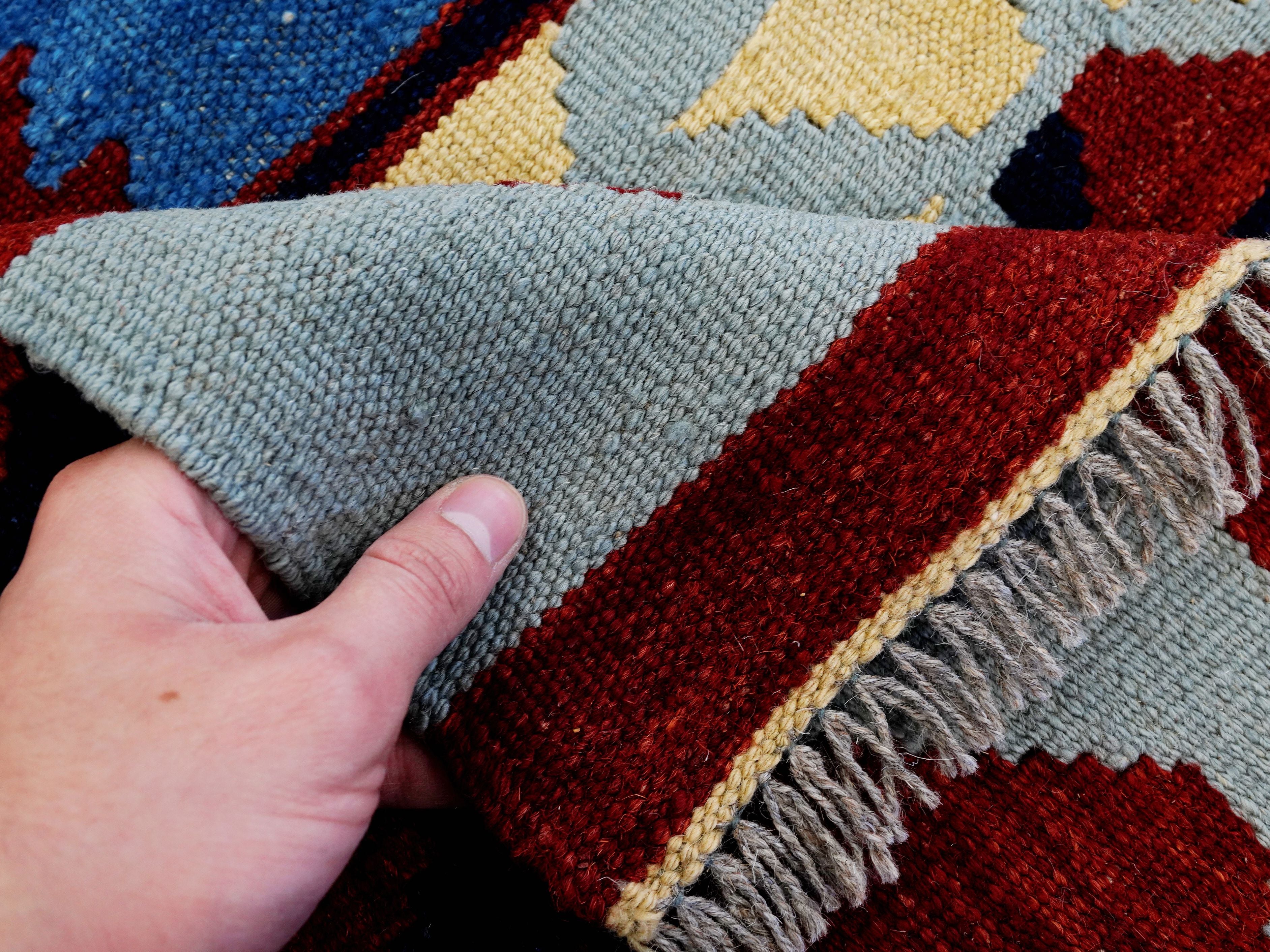 5x7 Ft Blue & Red Kilim Rug - Handwoven Afghan Flat Weave