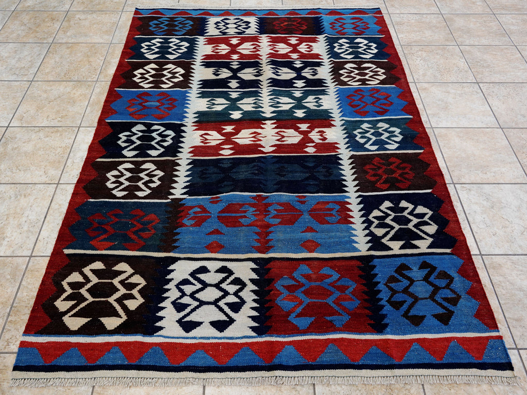 5x7 Ft Blue Kilim Rug - Handwoven Afghan Flat Weave - Tribal Design