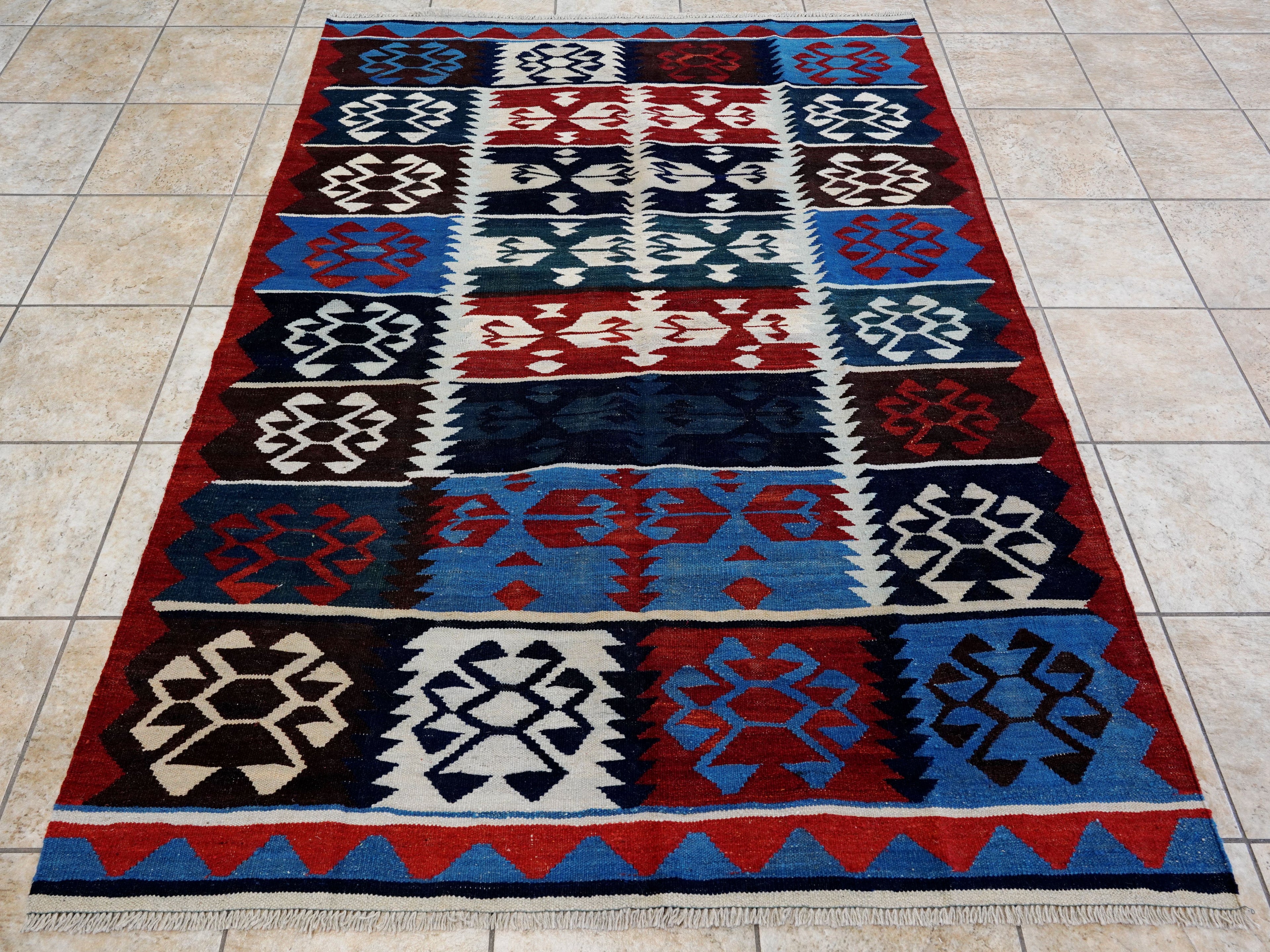 5x7 Ft Blue Kilim Rug - Handwoven Afghan Flat Weave - Tribal Design