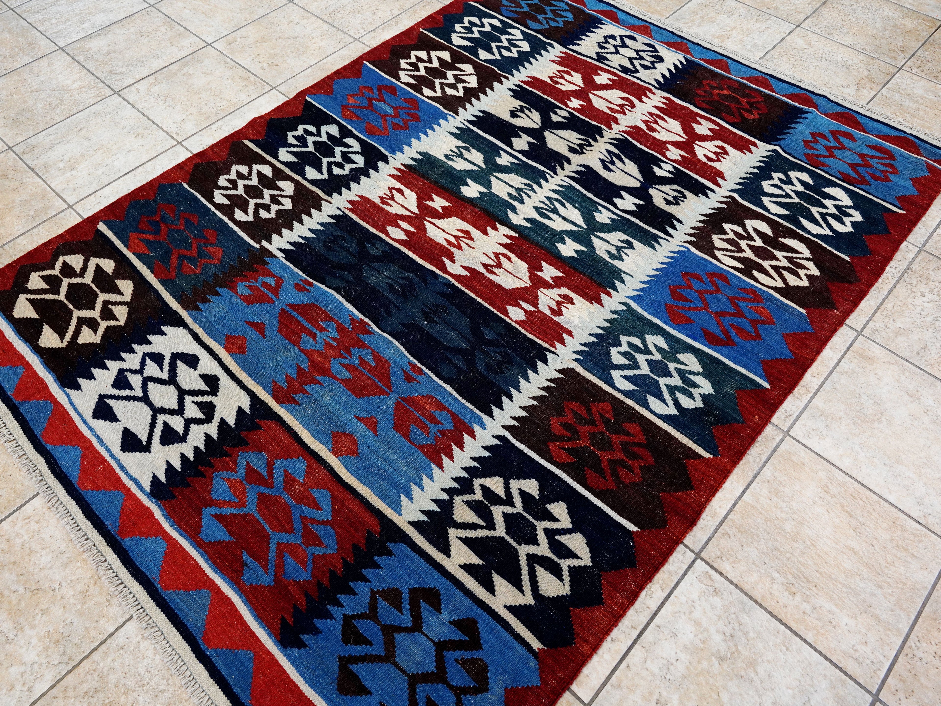 5x7 Ft Blue Kilim Rug - Handwoven Afghan Flat Weave - Tribal Design