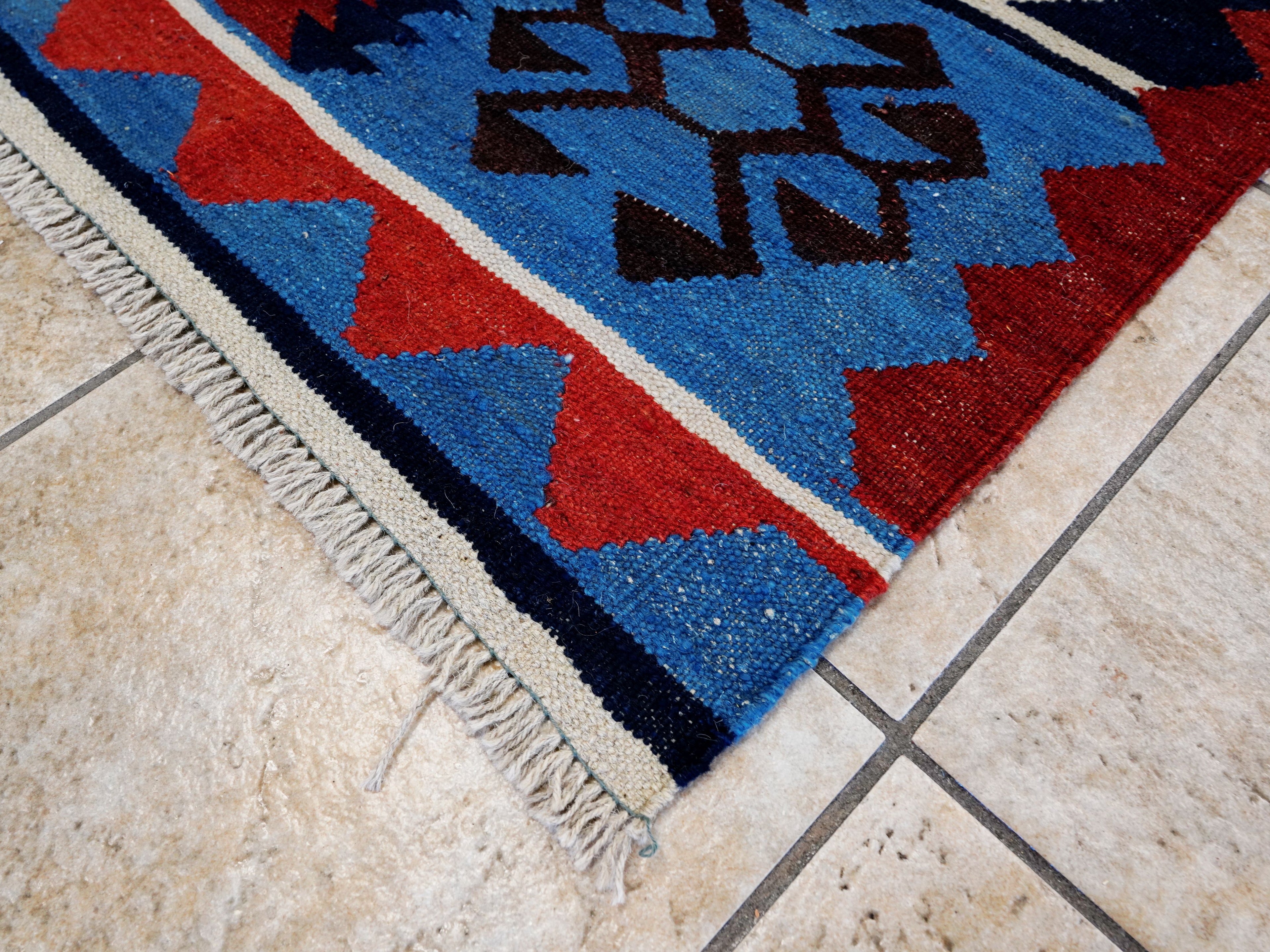5x7 Ft Blue Kilim Rug - Handwoven Afghan Flat Weave - Tribal Design