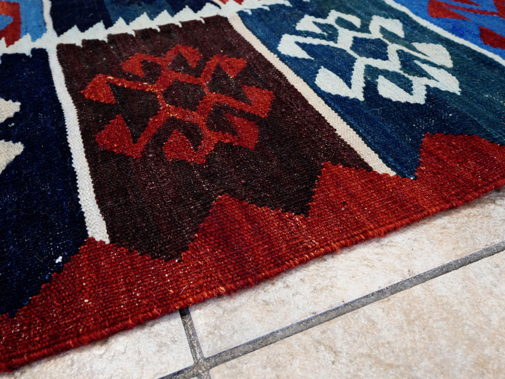 5x7 Ft Blue Kilim Rug - Handwoven Afghan Flat Weave - Tribal Design