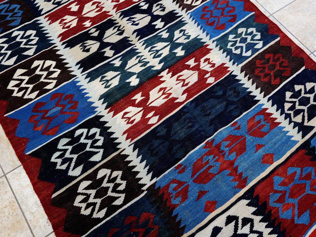 5x7 Ft Blue Kilim Rug - Handwoven Afghan Flat Weave - Tribal Design