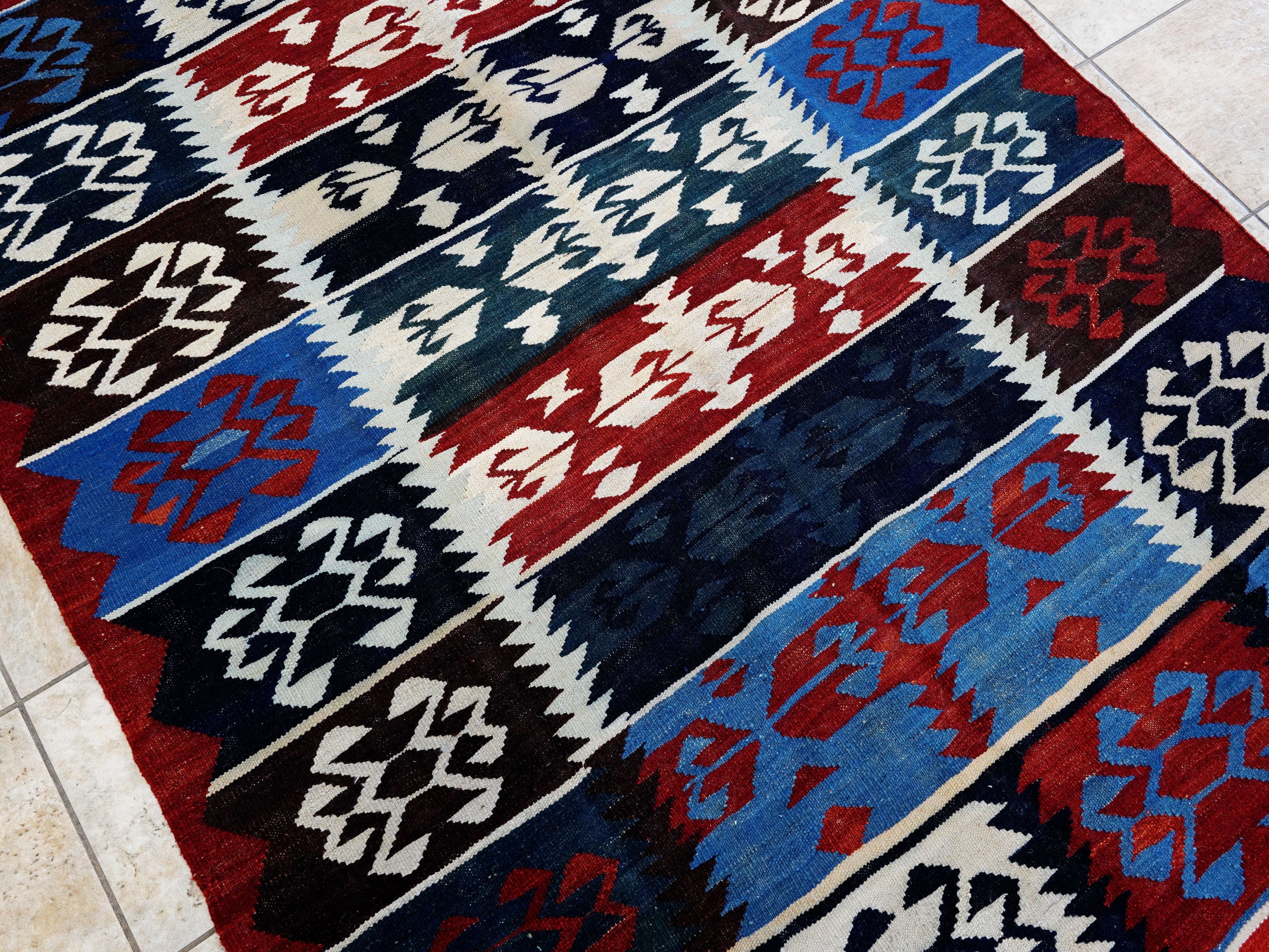 5x7 Ft Blue Kilim Rug - Handwoven Afghan Flat Weave - Tribal Design
