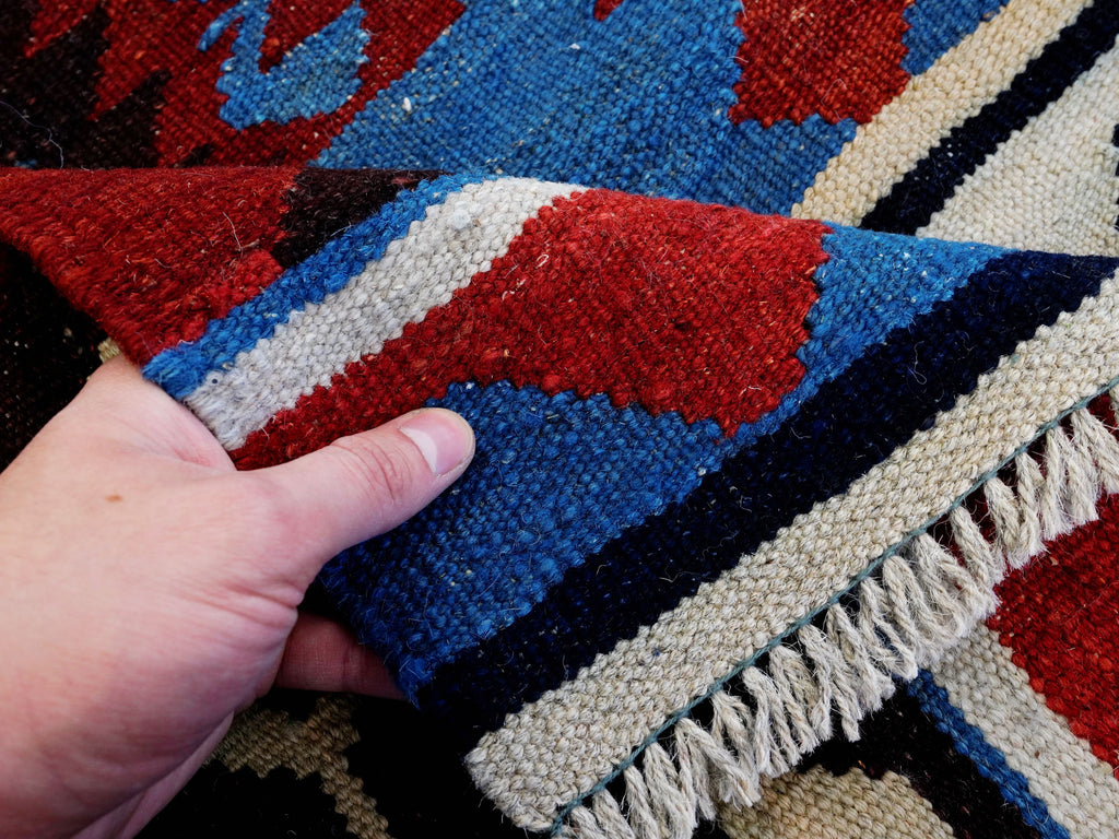5x7 Ft Blue Kilim Rug - Handwoven Afghan Flat Weave - Tribal Design