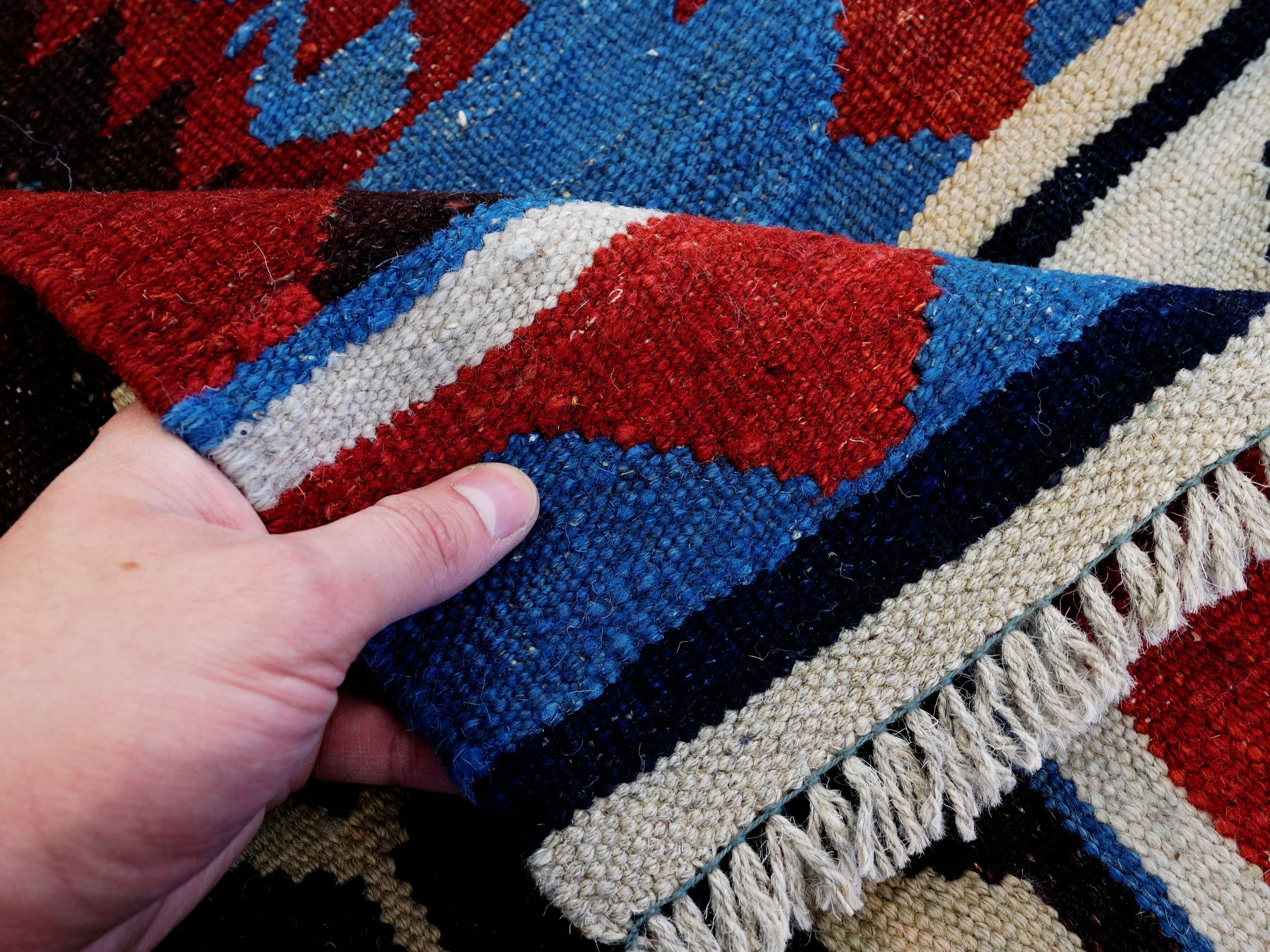 5x7 Ft Blue Kilim Rug - Handwoven Afghan Flat Weave - Tribal Design