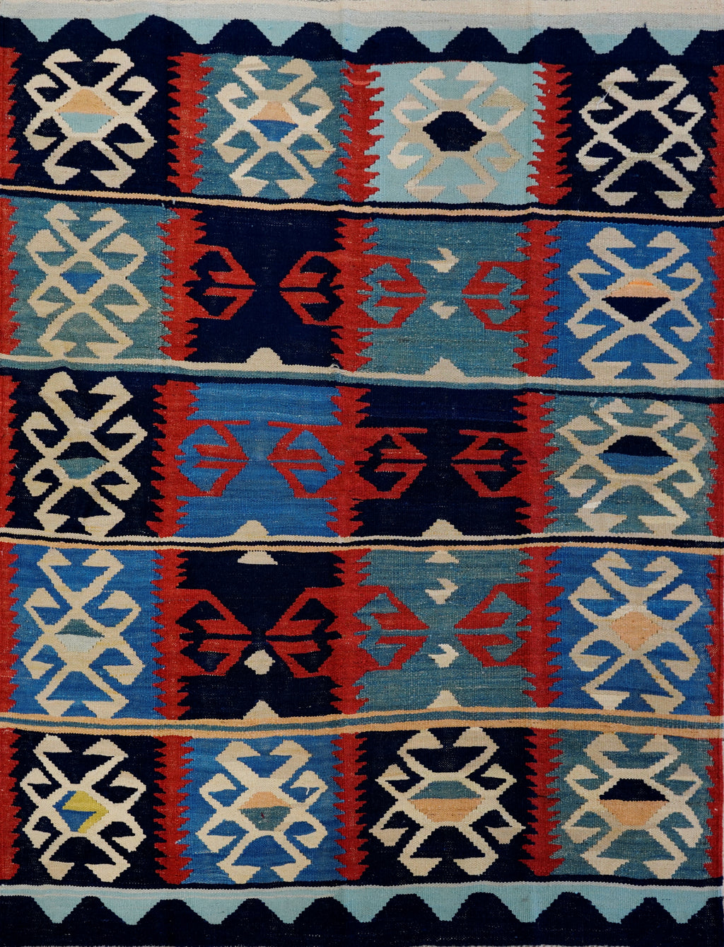 5x7 Ft Blue & Red Kilim Rug - Handwoven Afghan Flat Weave - Tribal Design