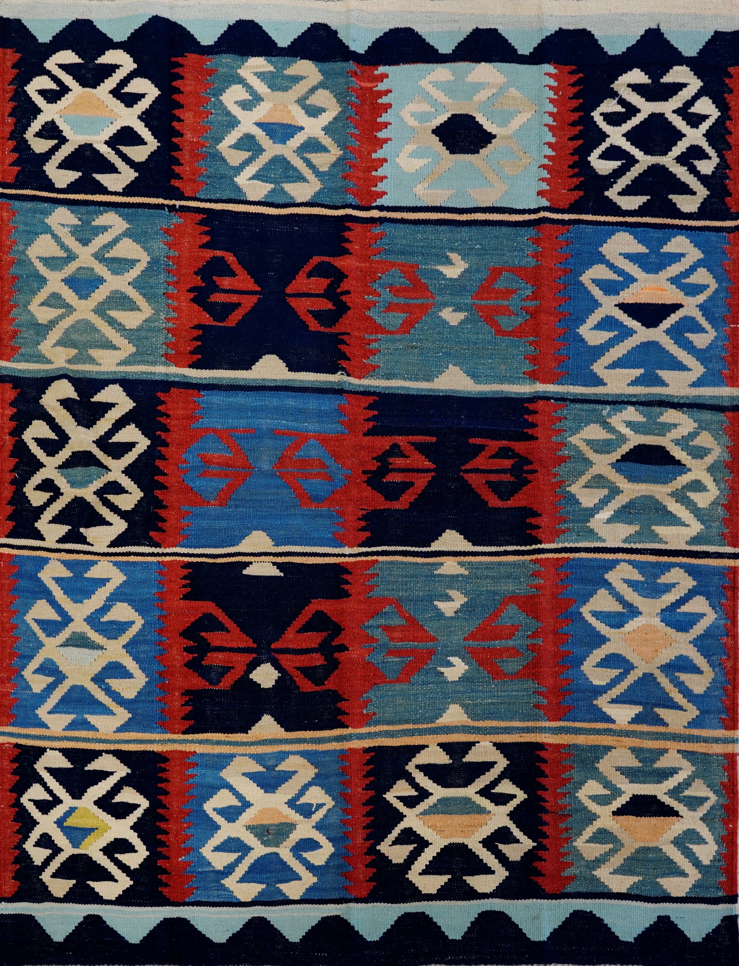 5x7 Ft Blue & Red Kilim Rug - Handwoven Afghan Flat Weave - Tribal Design