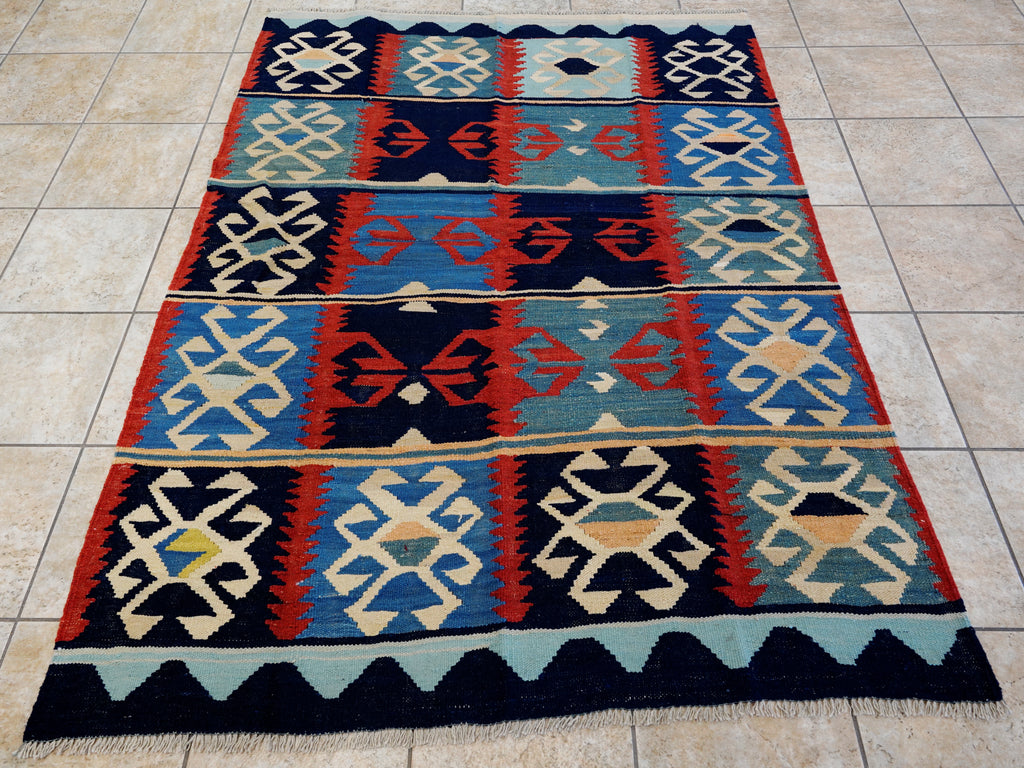 5x7 Ft Blue & Red Kilim Rug - Handwoven Afghan Flat Weave - Tribal Design