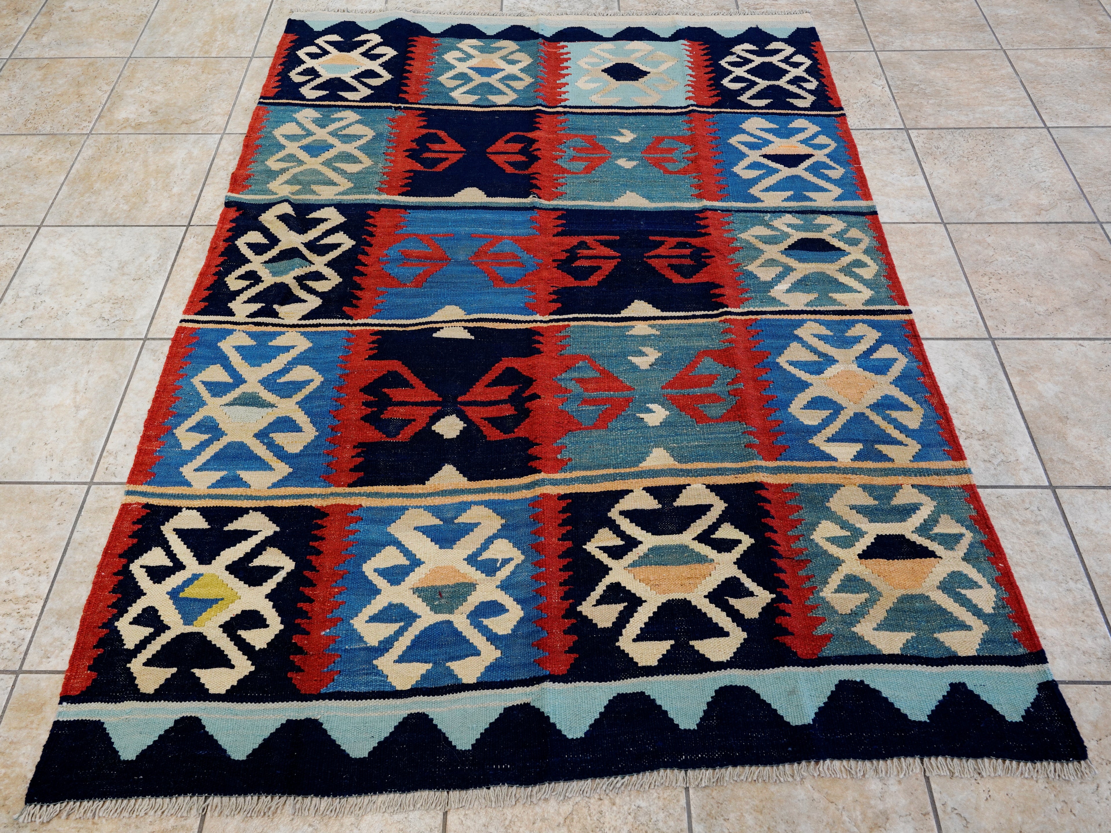 5x7 Ft Blue & Red Kilim Rug - Handwoven Afghan Flat Weave - Tribal Design