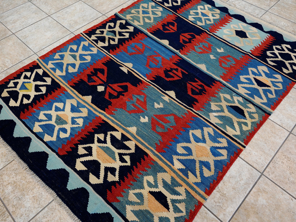 5x7 Ft Blue & Red Kilim Rug - Handwoven Afghan Flat Weave - Tribal Design