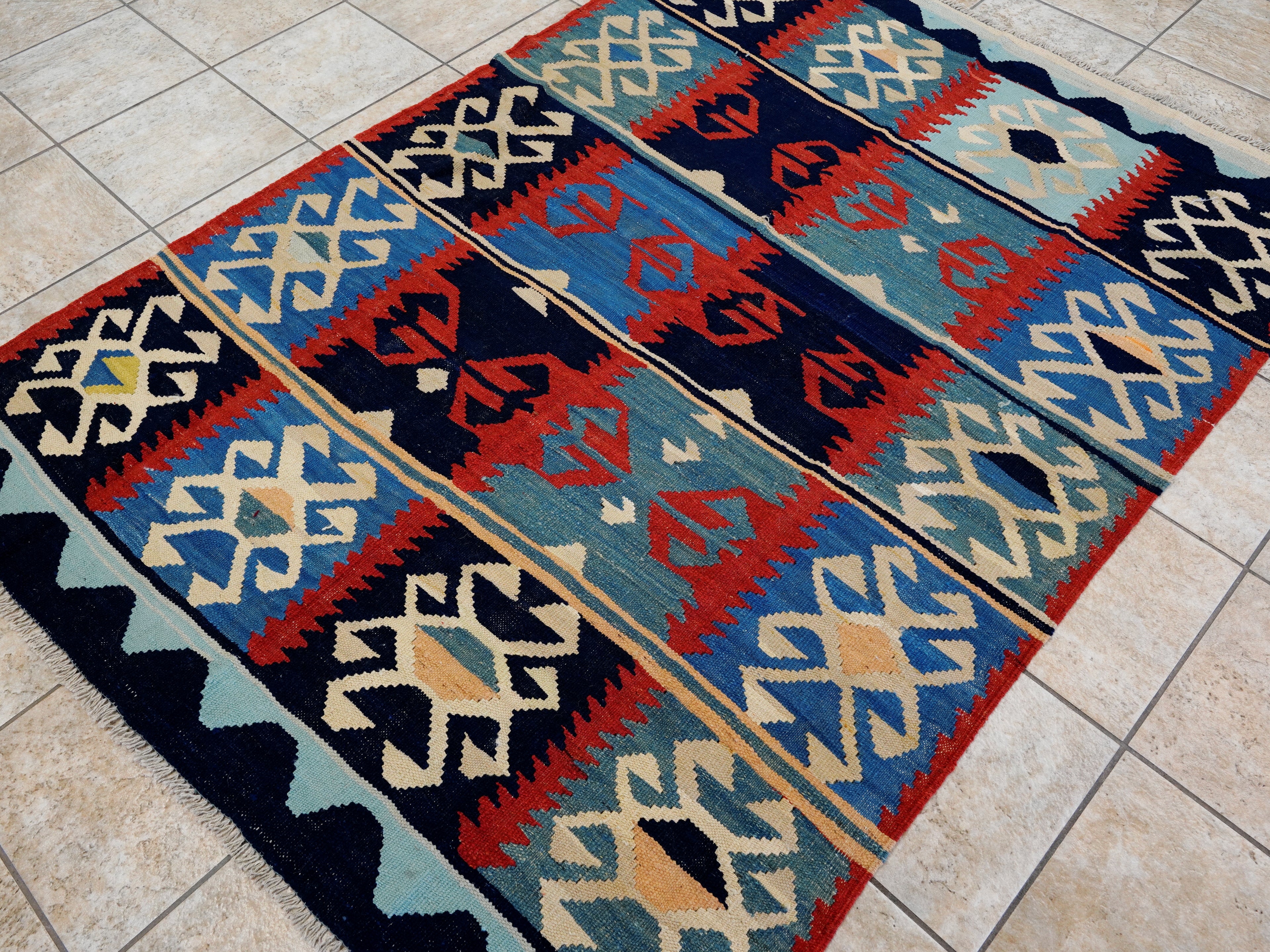 5x7 Ft Blue & Red Kilim Rug - Handwoven Afghan Flat Weave - Tribal Design