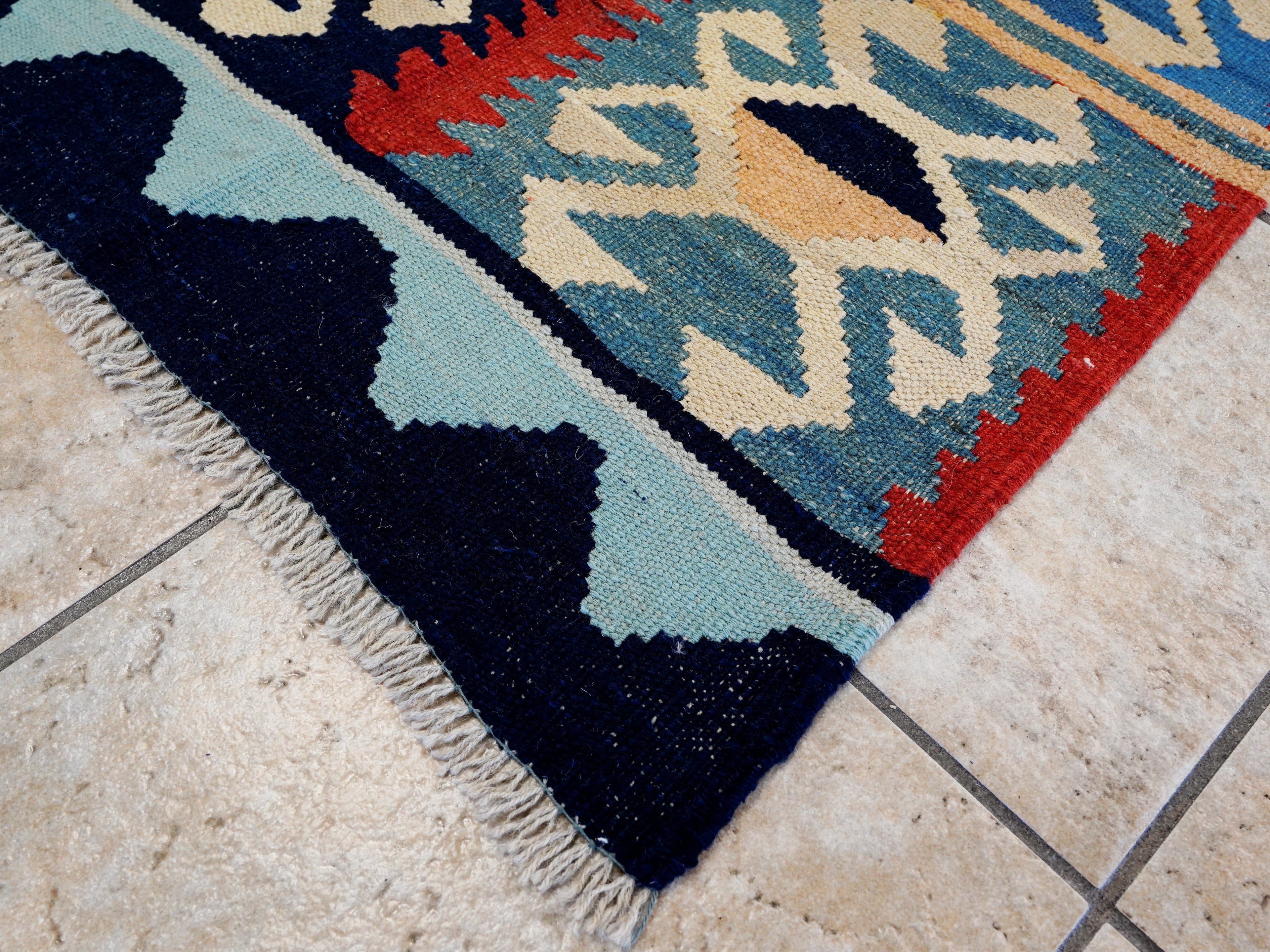 5x7 Ft Blue & Red Kilim Rug - Handwoven Afghan Flat Weave - Tribal Design