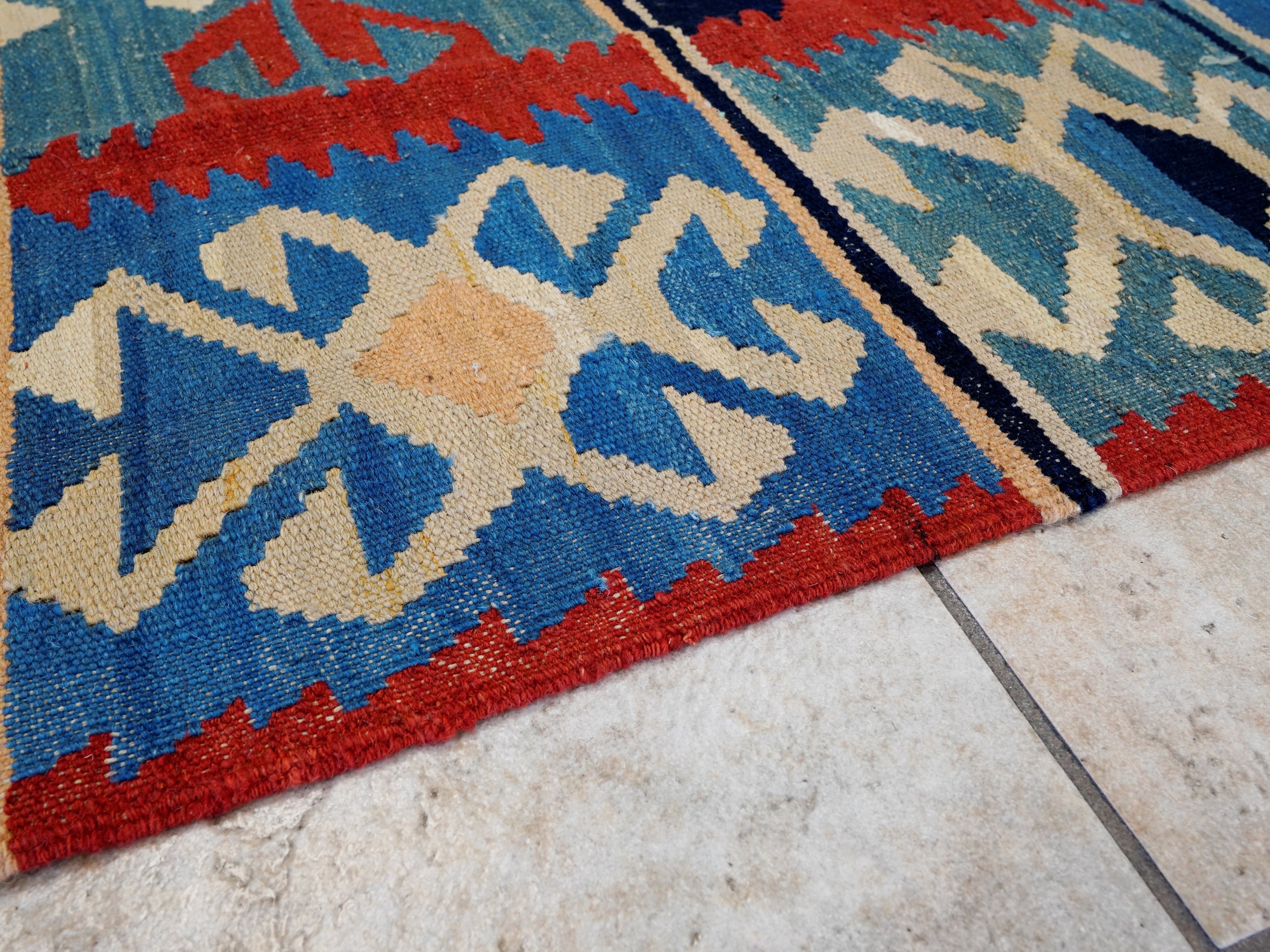 5x7 Ft Blue & Red Kilim Rug - Handwoven Afghan Flat Weave - Tribal Design