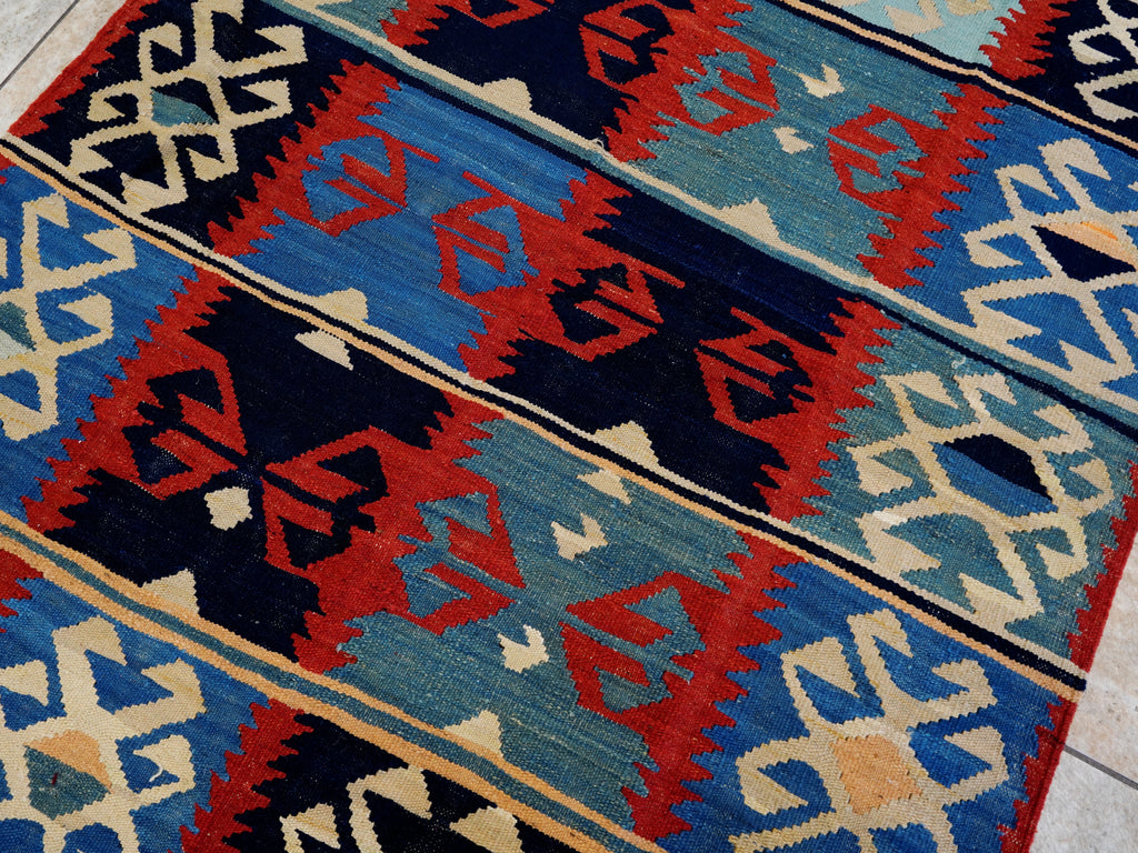 5x7 Ft Blue & Red Kilim Rug - Handwoven Afghan Flat Weave - Tribal Design