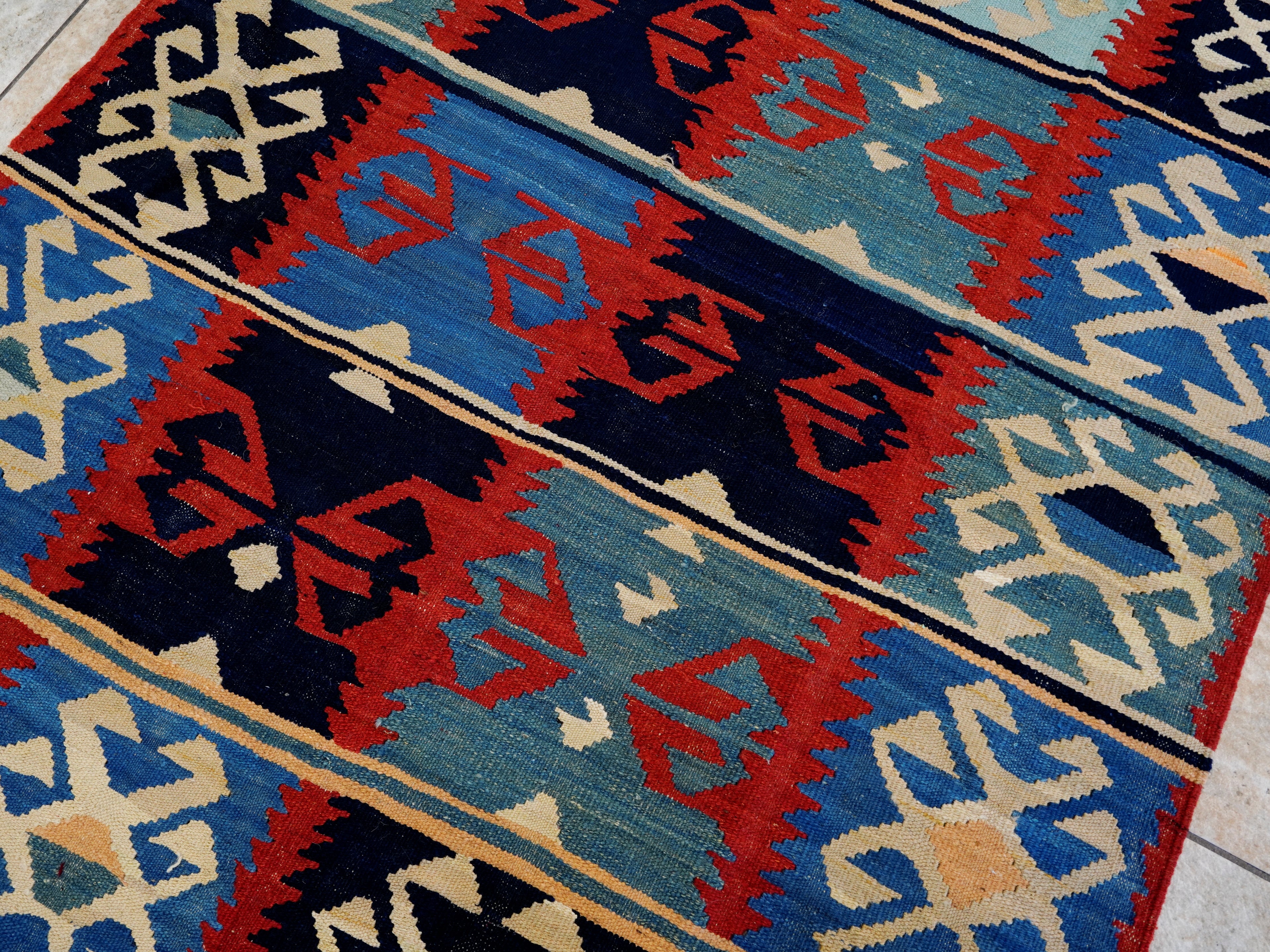 5x7 Ft Blue & Red Kilim Rug - Handwoven Afghan Flat Weave - Tribal Design