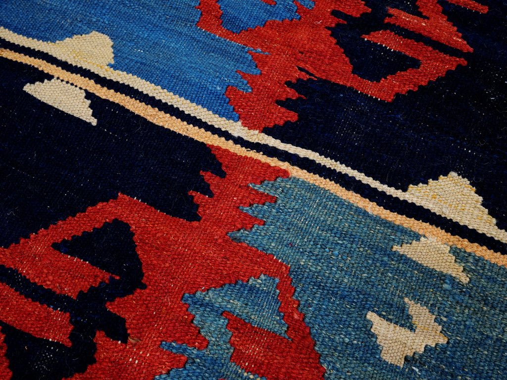 5x7 Ft Blue & Red Kilim Rug - Handwoven Afghan Flat Weave - Tribal Design