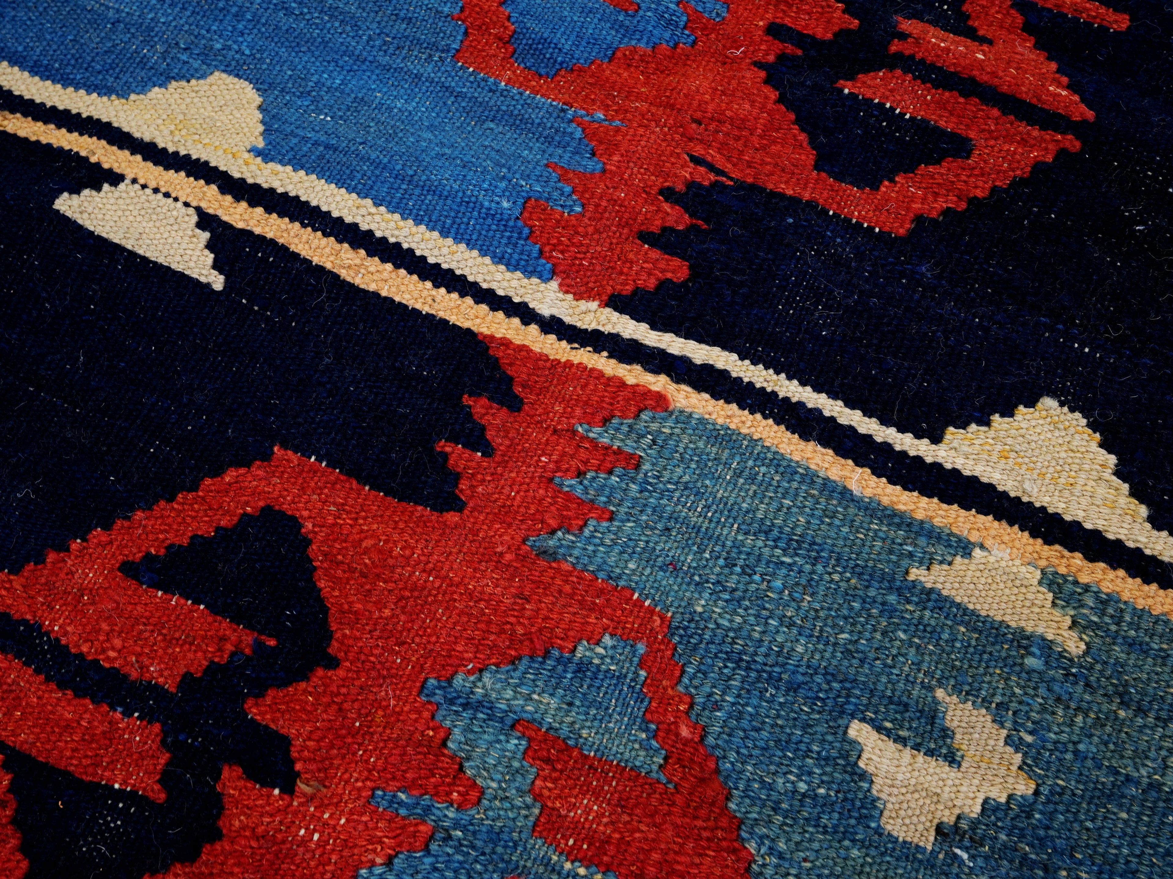 5x7 Ft Blue & Red Kilim Rug - Handwoven Afghan Flat Weave - Tribal Design