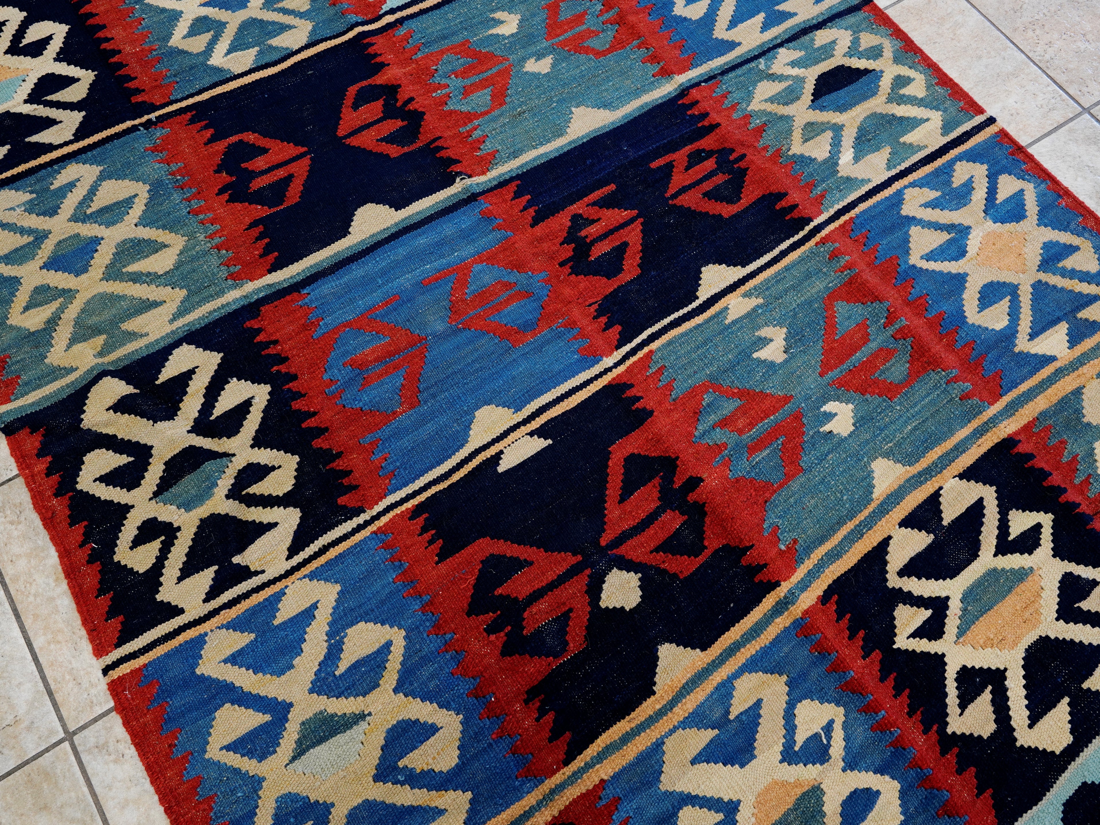 5x7 Ft Blue & Red Kilim Rug - Handwoven Afghan Flat Weave - Tribal Design