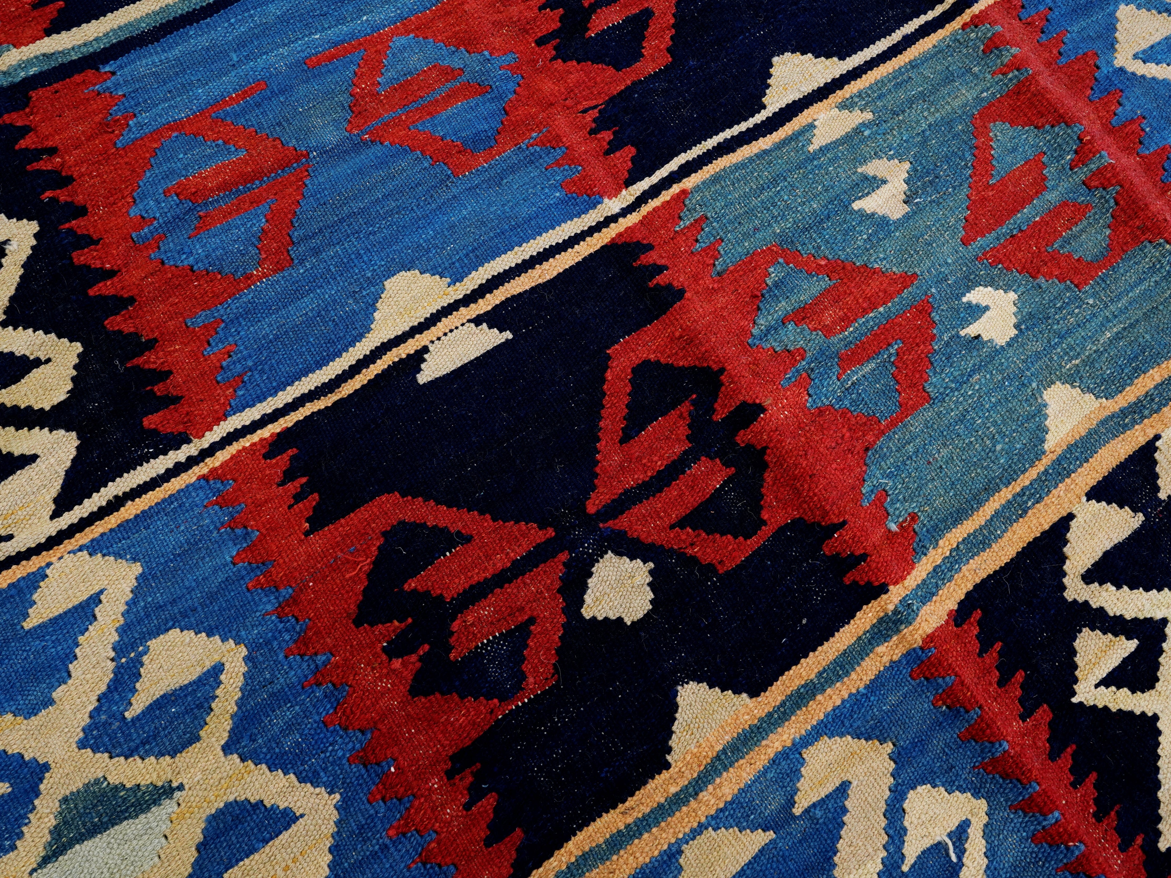 5x7 Ft Blue & Red Kilim Rug - Handwoven Afghan Flat Weave - Tribal Design