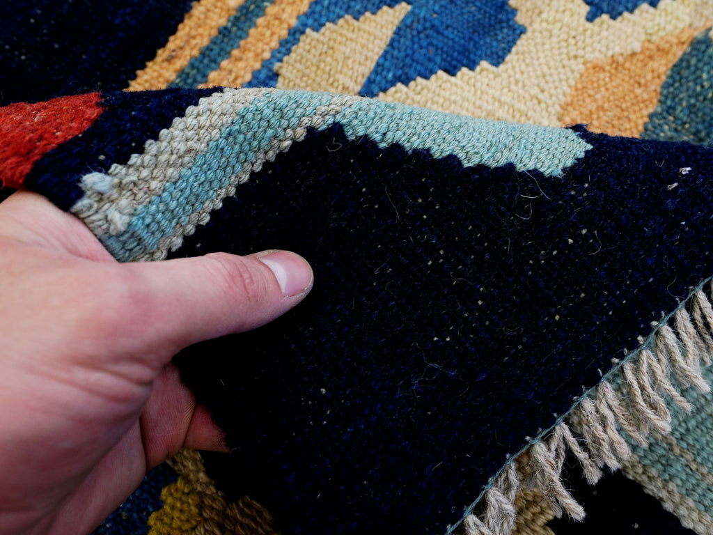 5x7 Ft Blue & Red Kilim Rug - Handwoven Afghan Flat Weave - Tribal Design