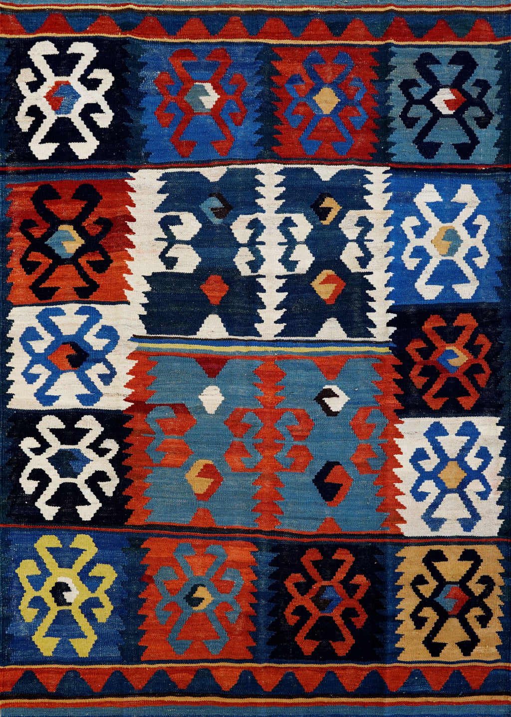 5x7 Ft Blue & Red Kilim Rug - Handwoven Afghan Flat Weave