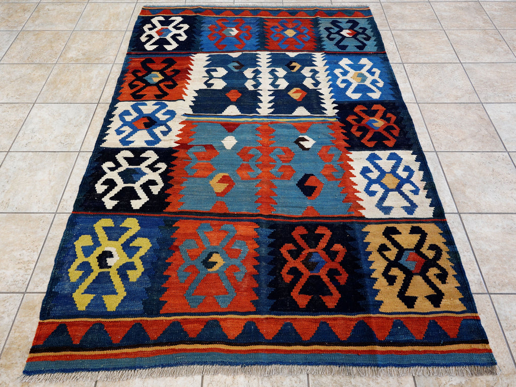 5x7 Ft Blue & Red Kilim Rug - Handwoven Afghan Flat Weave
