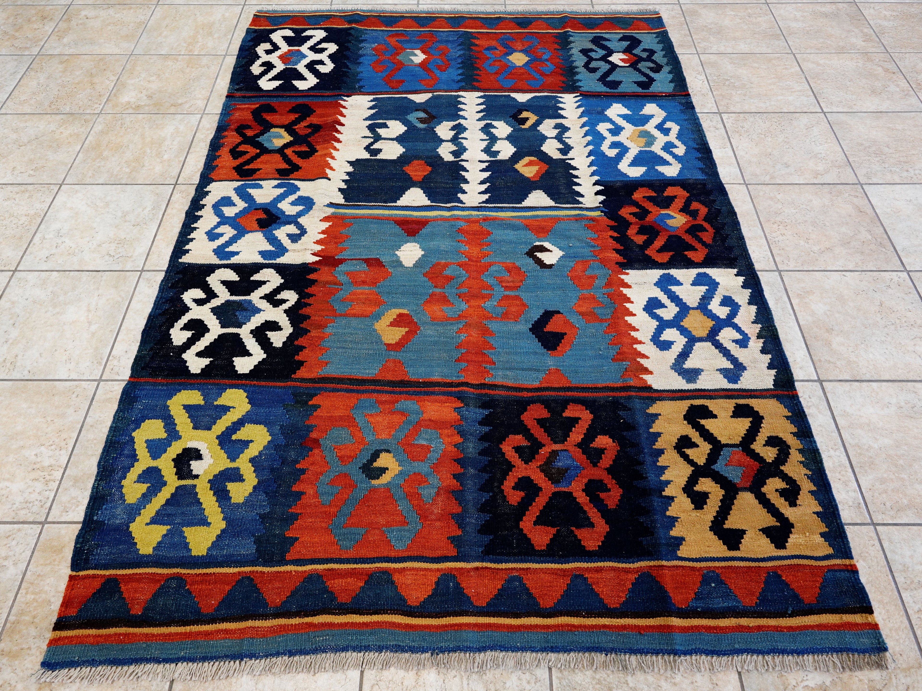 5x7 Ft Blue & Red Kilim Rug - Handwoven Afghan Flat Weave