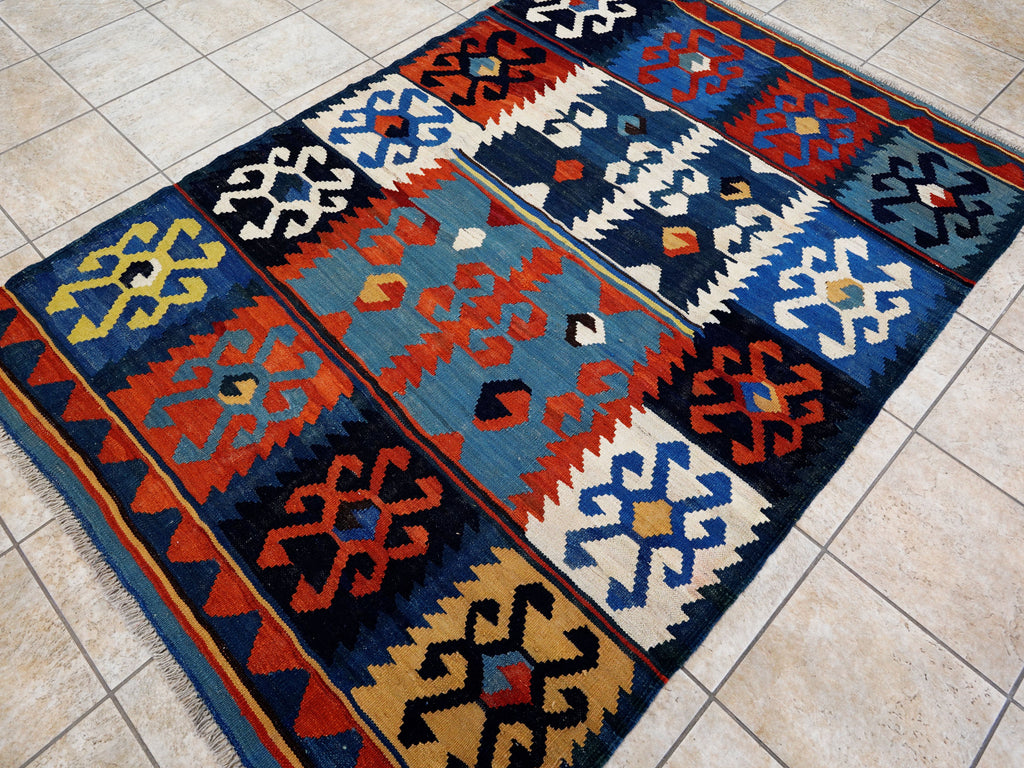 5x7 Ft Blue & Red Kilim Rug - Handwoven Afghan Flat Weave