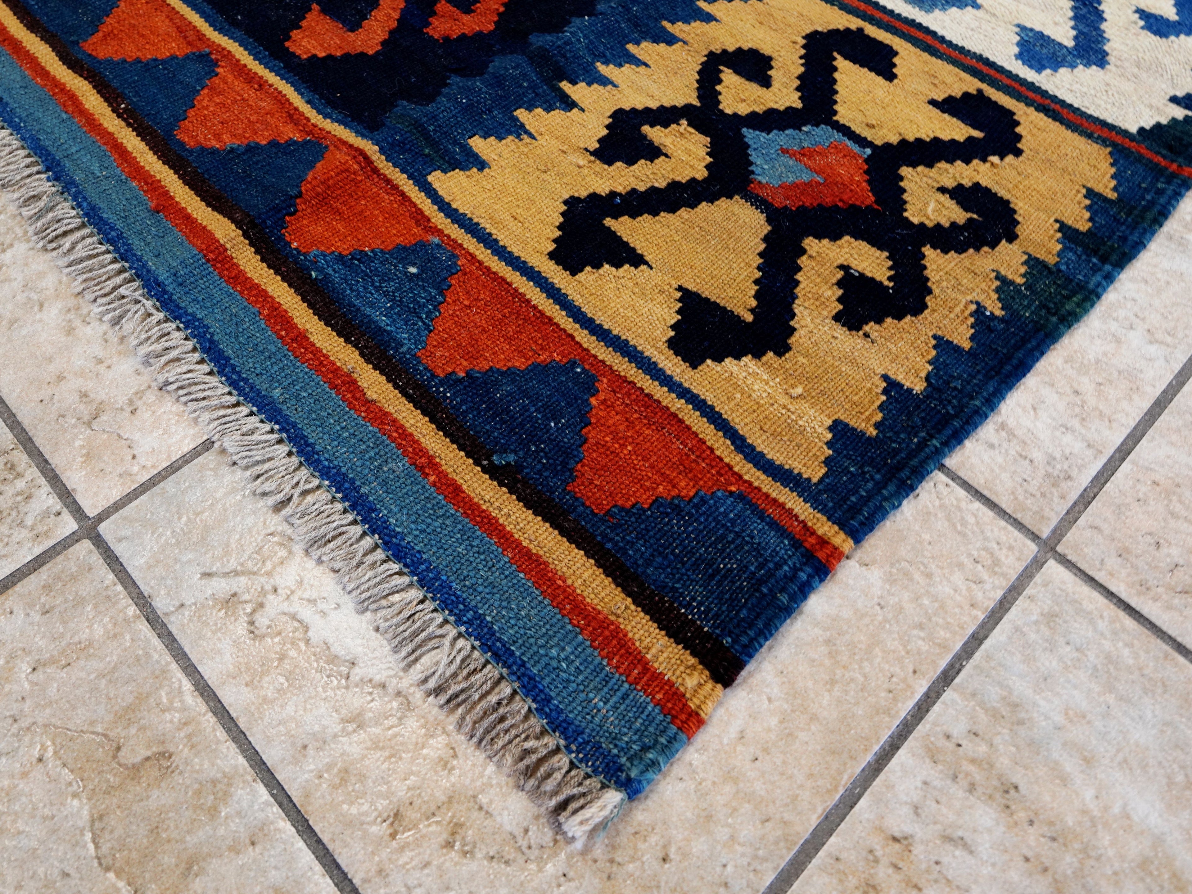 5x7 Ft Blue & Red Kilim Rug - Handwoven Afghan Flat Weave