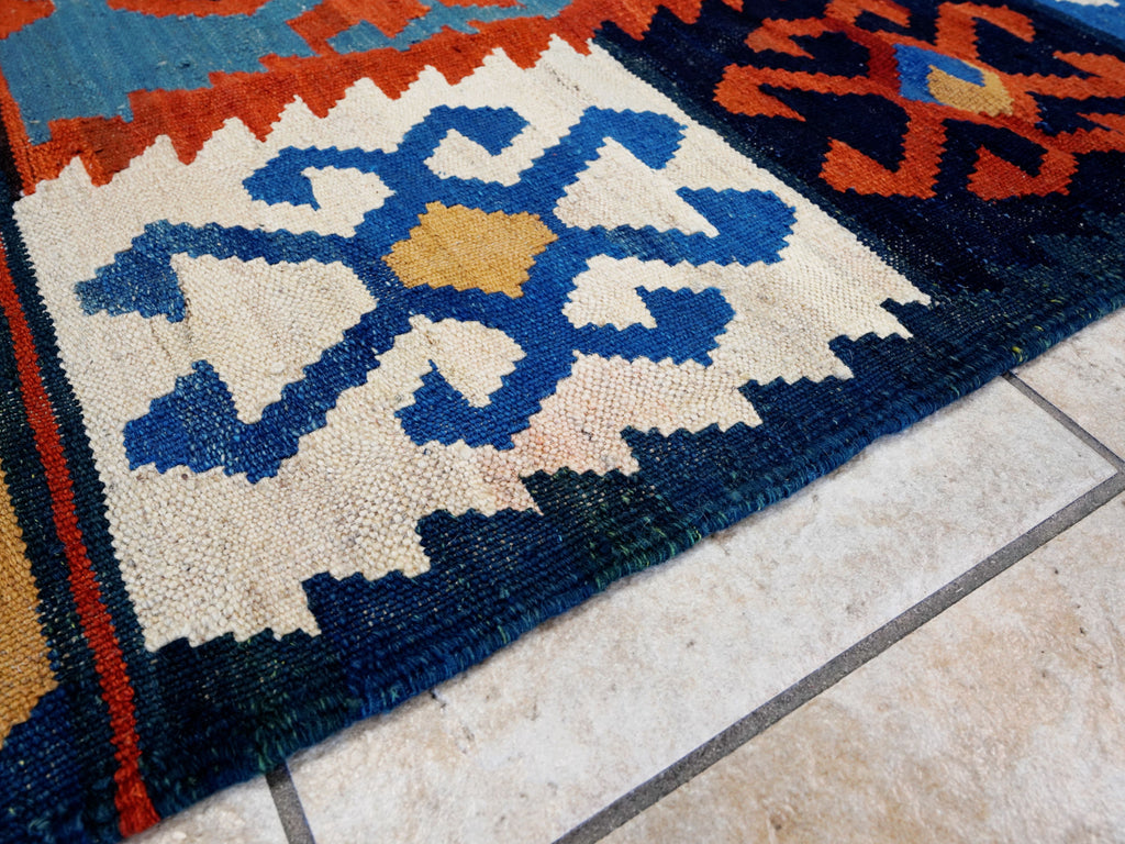 5x7 Ft Blue & Red Kilim Rug - Handwoven Afghan Flat Weave