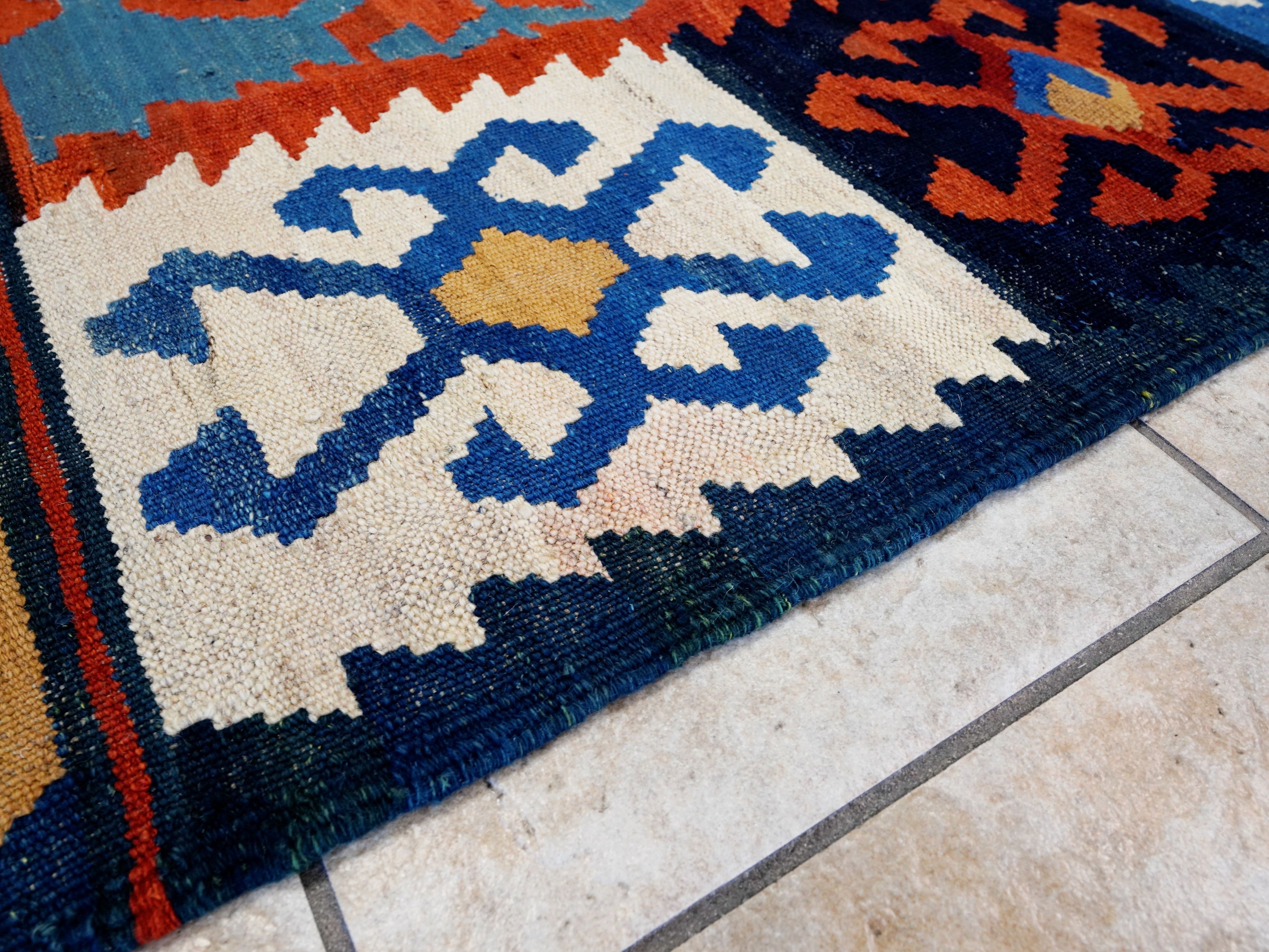 5x7 Ft Blue & Red Kilim Rug - Handwoven Afghan Flat Weave