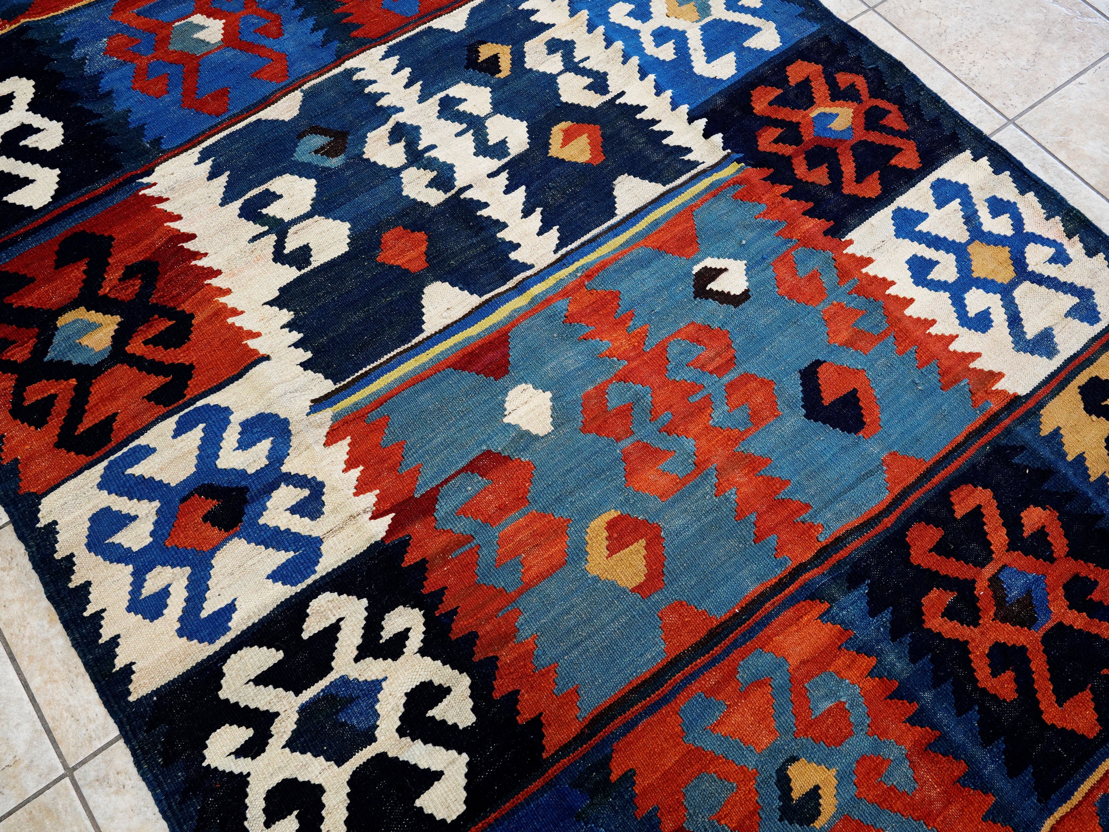 5x7 Ft Blue & Red Kilim Rug - Handwoven Afghan Flat Weave