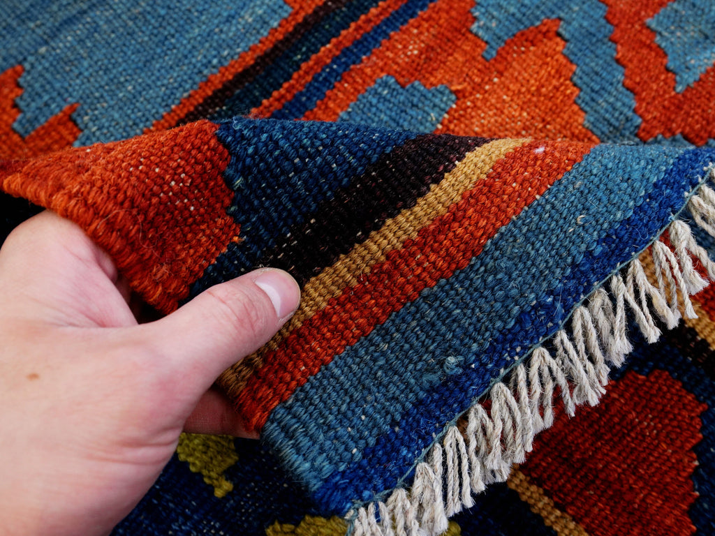 5x7 Ft Blue & Red Kilim Rug - Handwoven Afghan Flat Weave