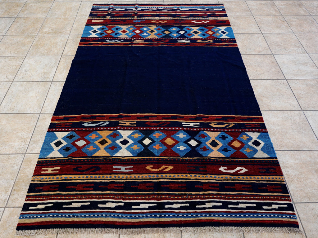 5x8 Ft Navy Blue Kilim Rug - Handwoven Afghan Flatweave