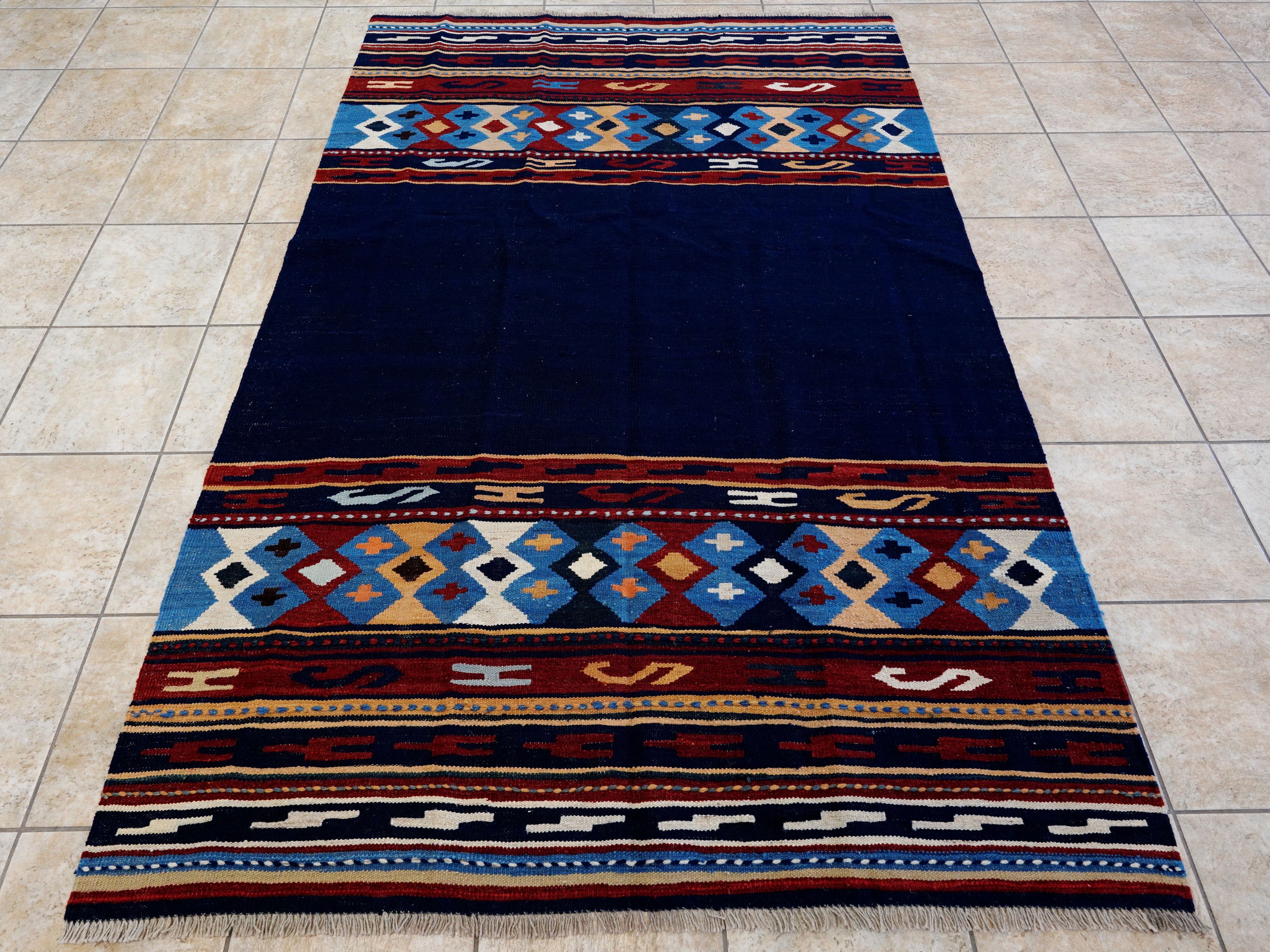 5x8 Ft Navy Blue Kilim Rug - Handwoven Afghan Flatweave