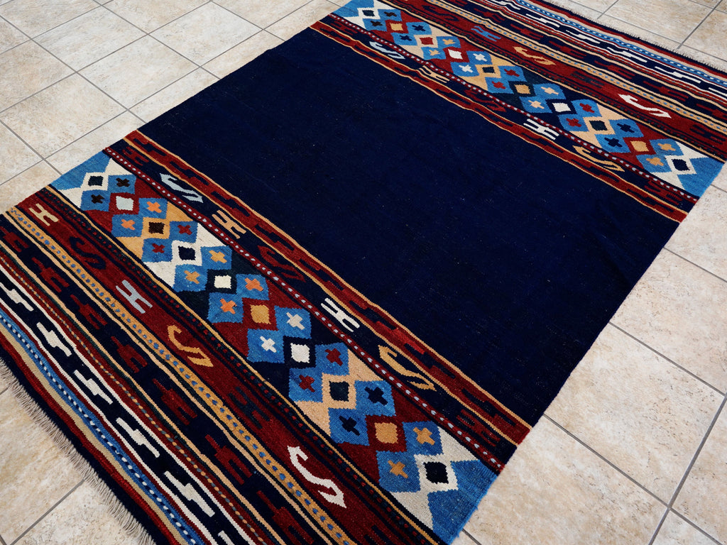 5x8 Ft Navy Blue Kilim Rug - Handwoven Afghan Flatweave