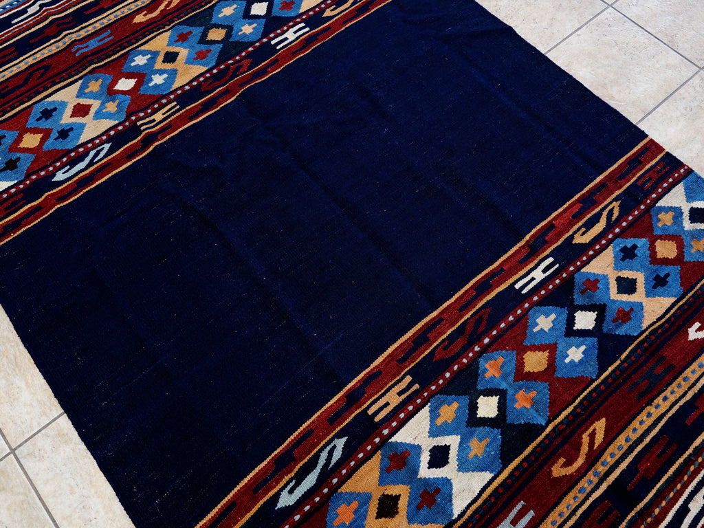 5x8 Ft Navy Blue Kilim Rug - Handwoven Afghan Flatweave