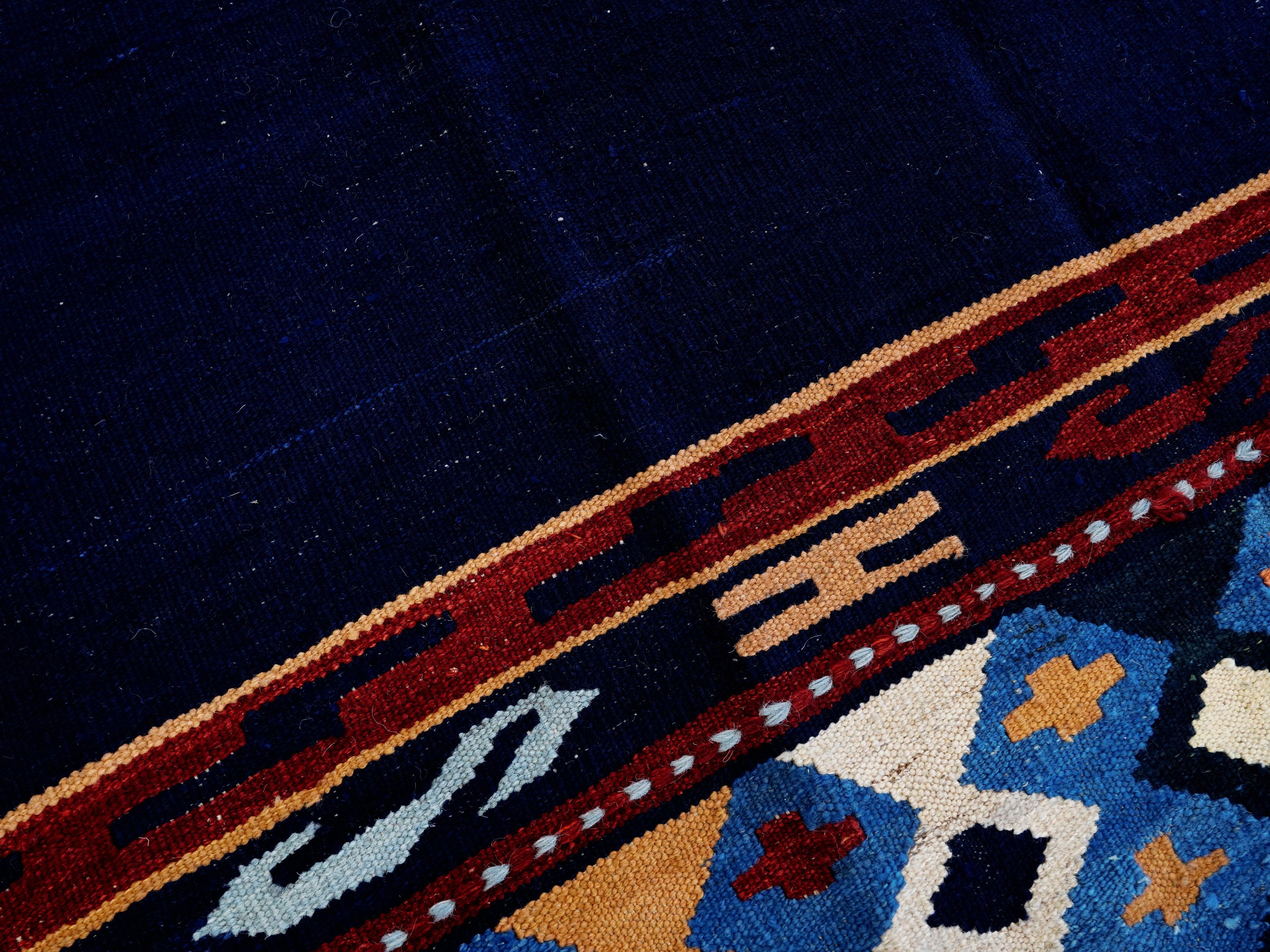 5x8 Ft Navy Blue Kilim Rug - Handwoven Afghan Flatweave