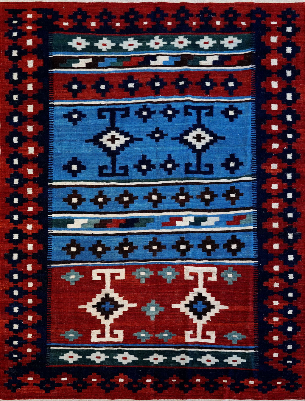 5x7 Ft Blue & Red Kilim Rug - Handwoven Afghan Flat Weave