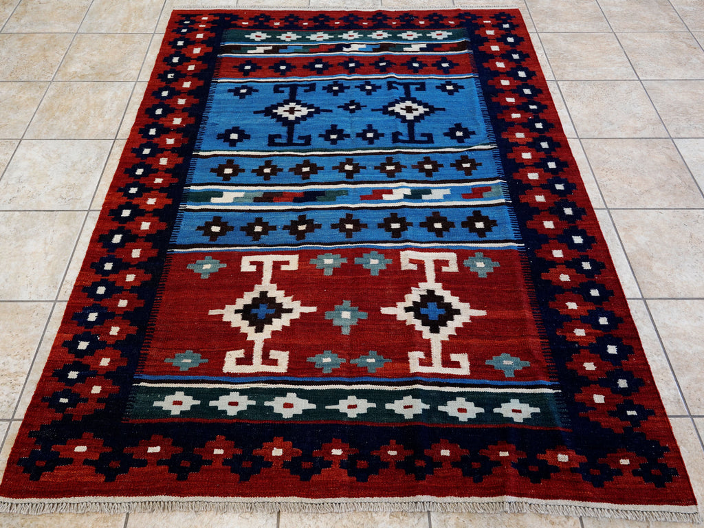 5x7 Ft Blue & Red Kilim Rug - Handwoven Afghan Flat Weave
