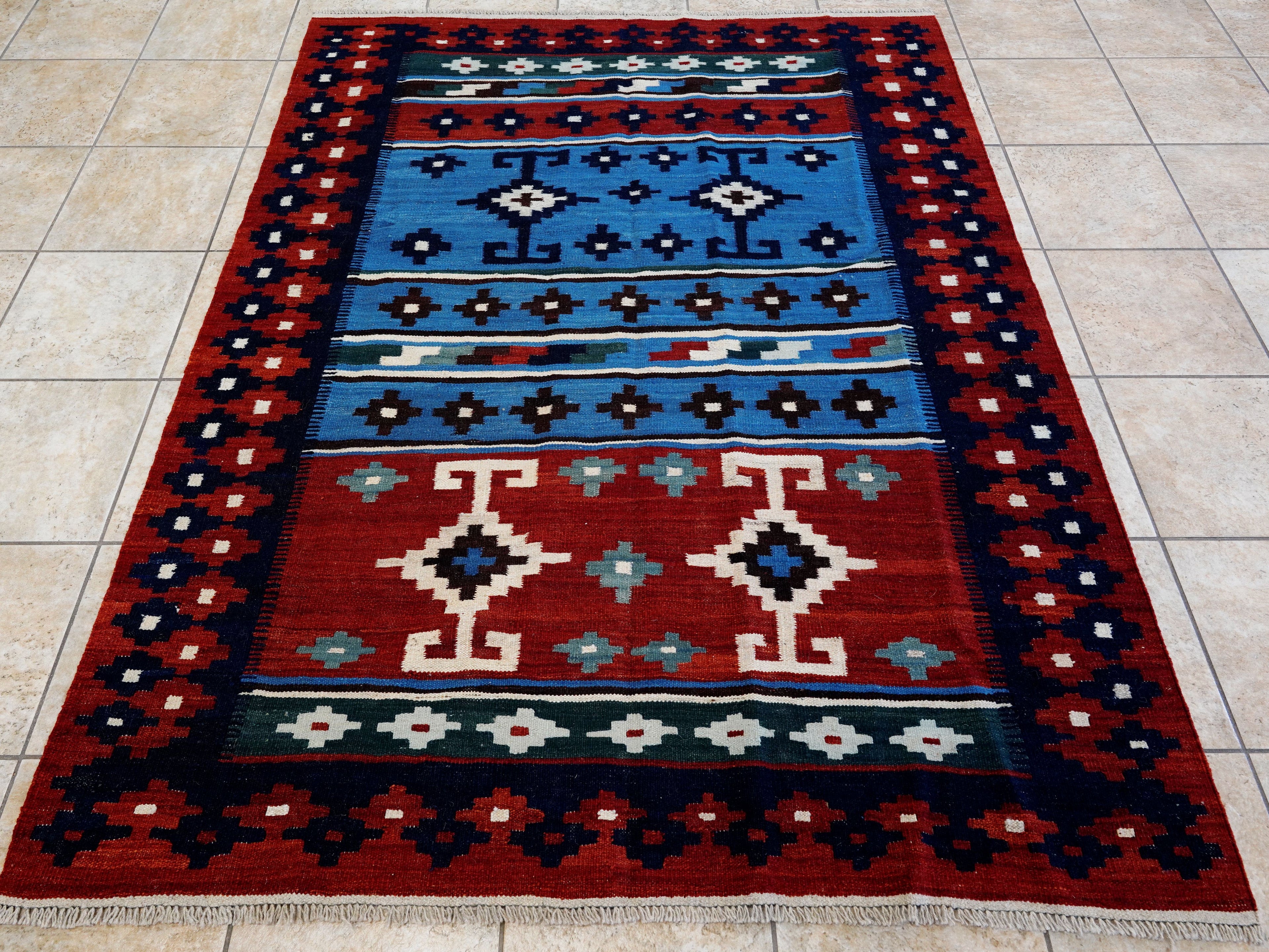 5x7 Ft Blue & Red Kilim Rug - Handwoven Afghan Flat Weave