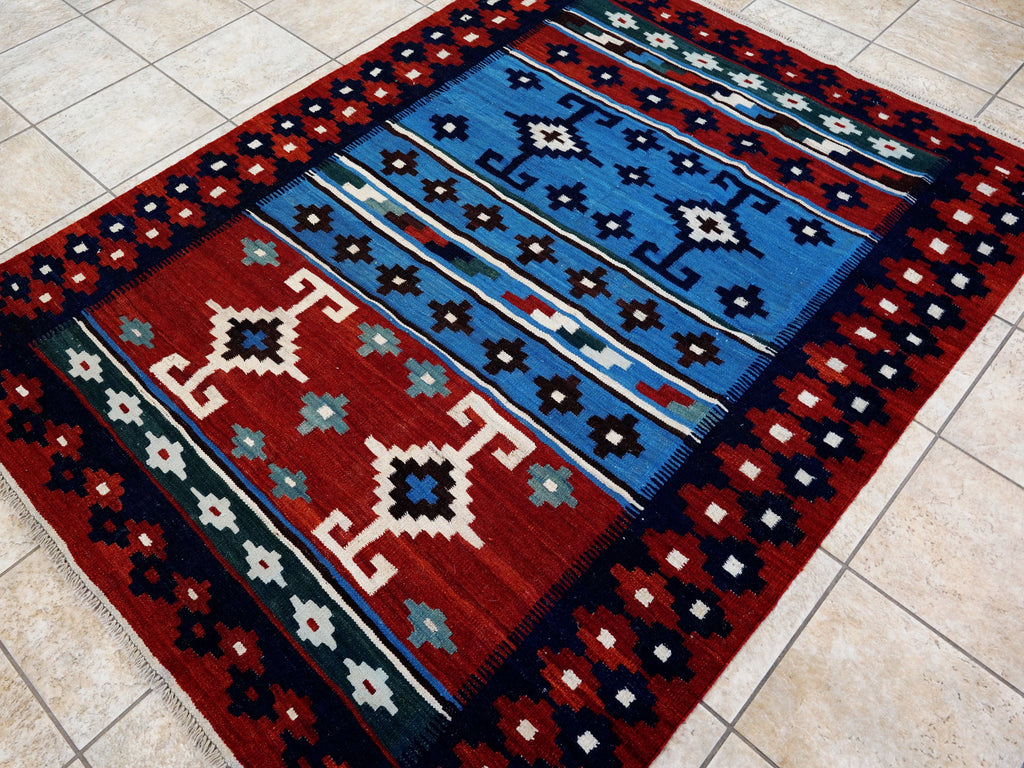 5x7 Ft Blue & Red Kilim Rug - Handwoven Afghan Flat Weave
