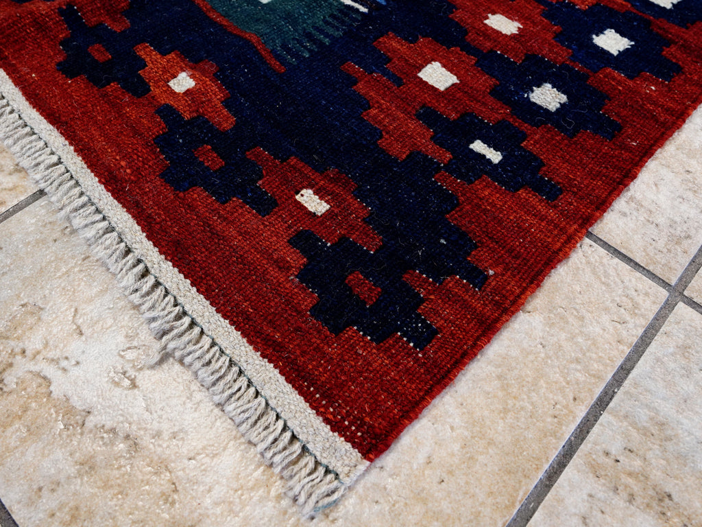 5x7 Ft Blue & Red Kilim Rug - Handwoven Afghan Flat Weave