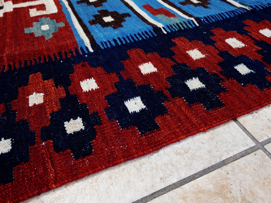 5x7 Ft Blue & Red Kilim Rug - Handwoven Afghan Flat Weave
