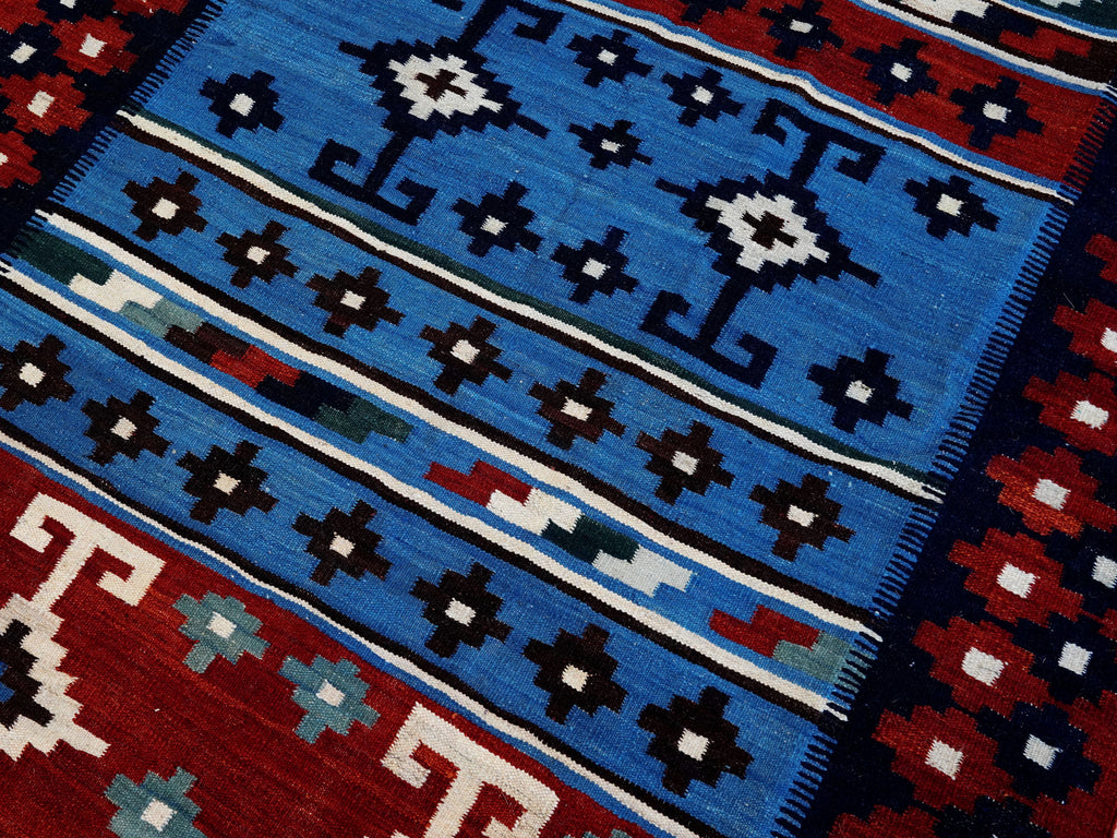 5x7 Ft Blue & Red Kilim Rug - Handwoven Afghan Flat Weave