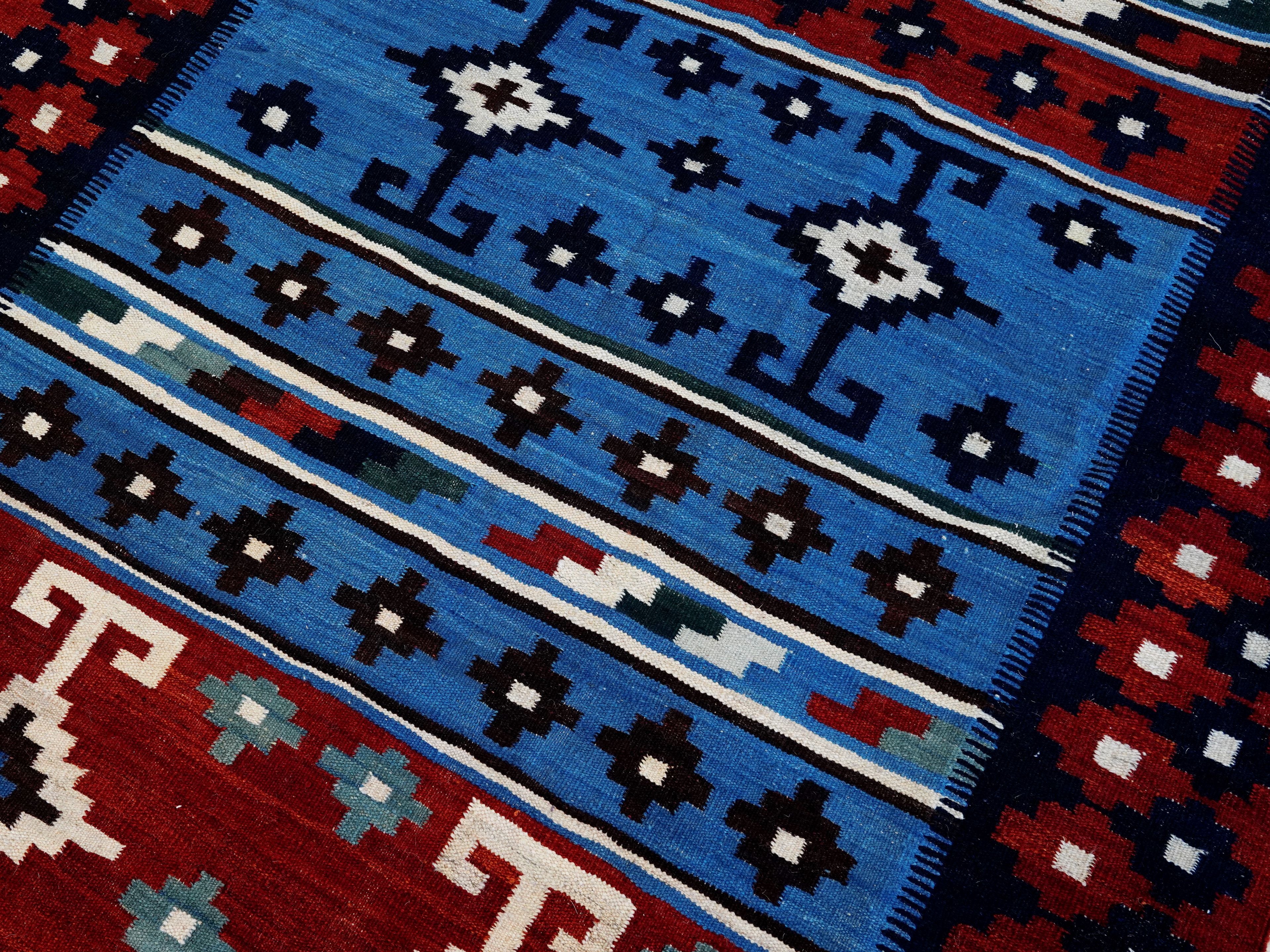 5x7 Ft Blue & Red Kilim Rug - Handwoven Afghan Flat Weave